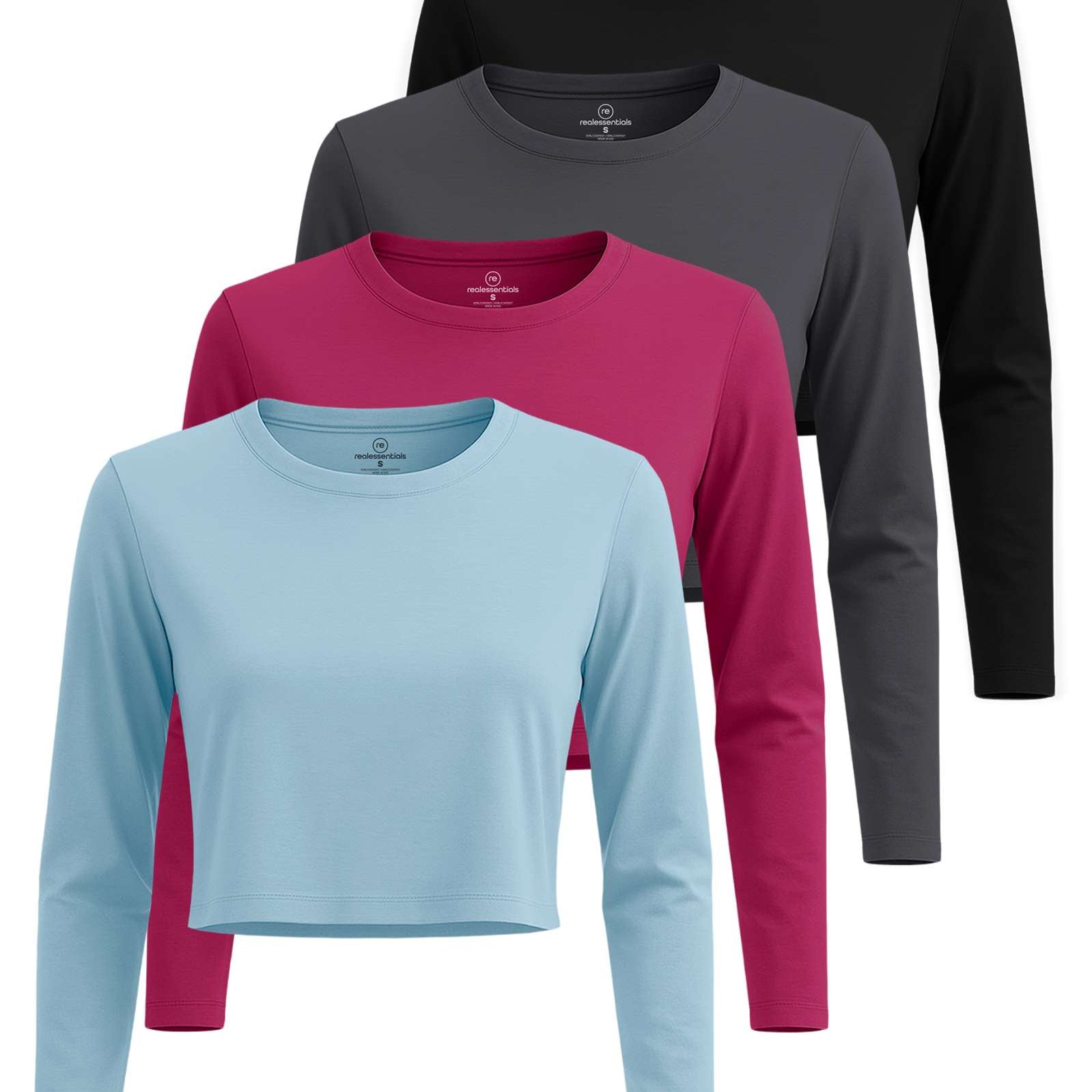 4 Pack: Women's Long Sleeve Crew Crop Top ( Available in Plus Size)