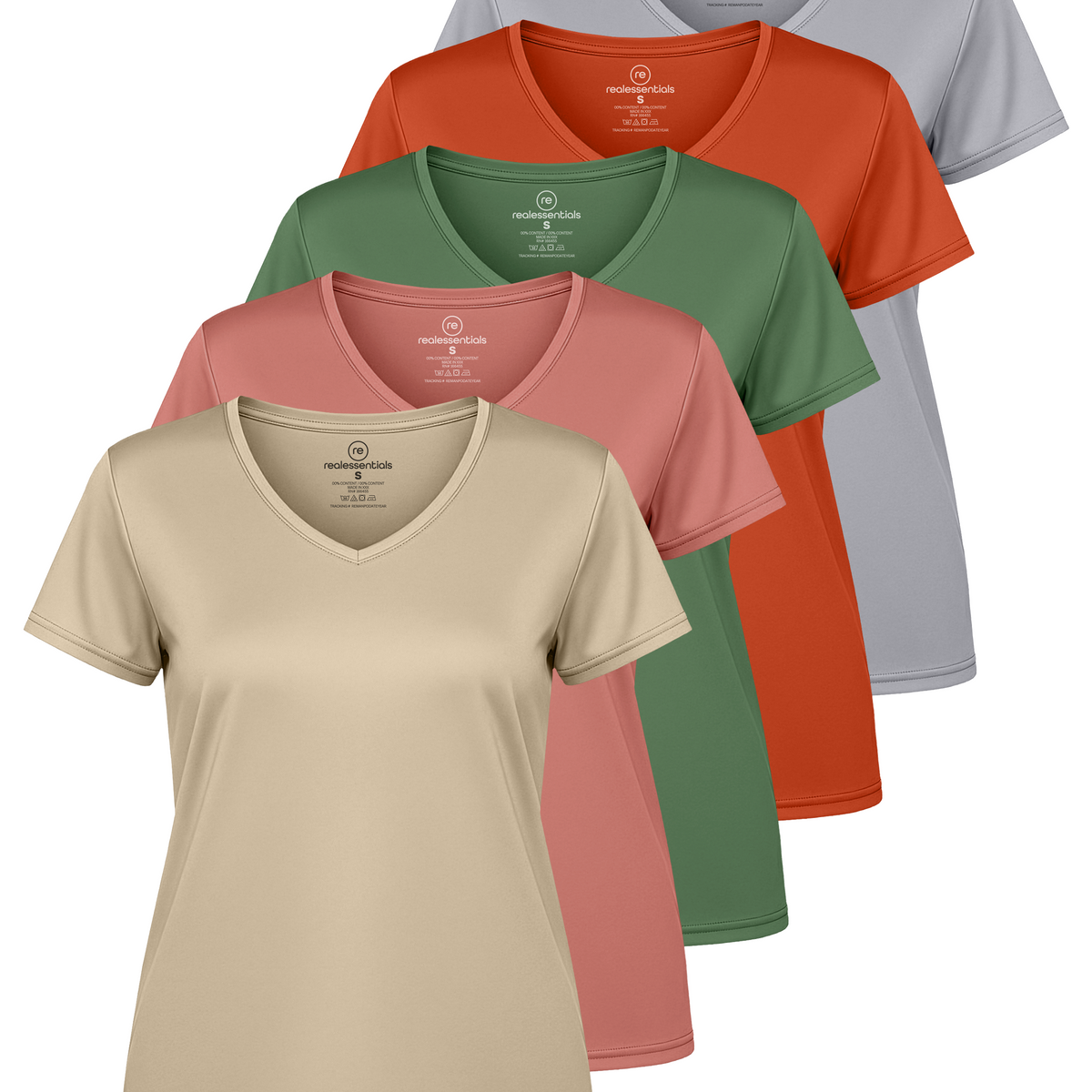 Real Essentials 5 Pack Womens Dry Fit V Neck Workout Tops Athletic T Shirts Gym Yoga Tees - Set 12