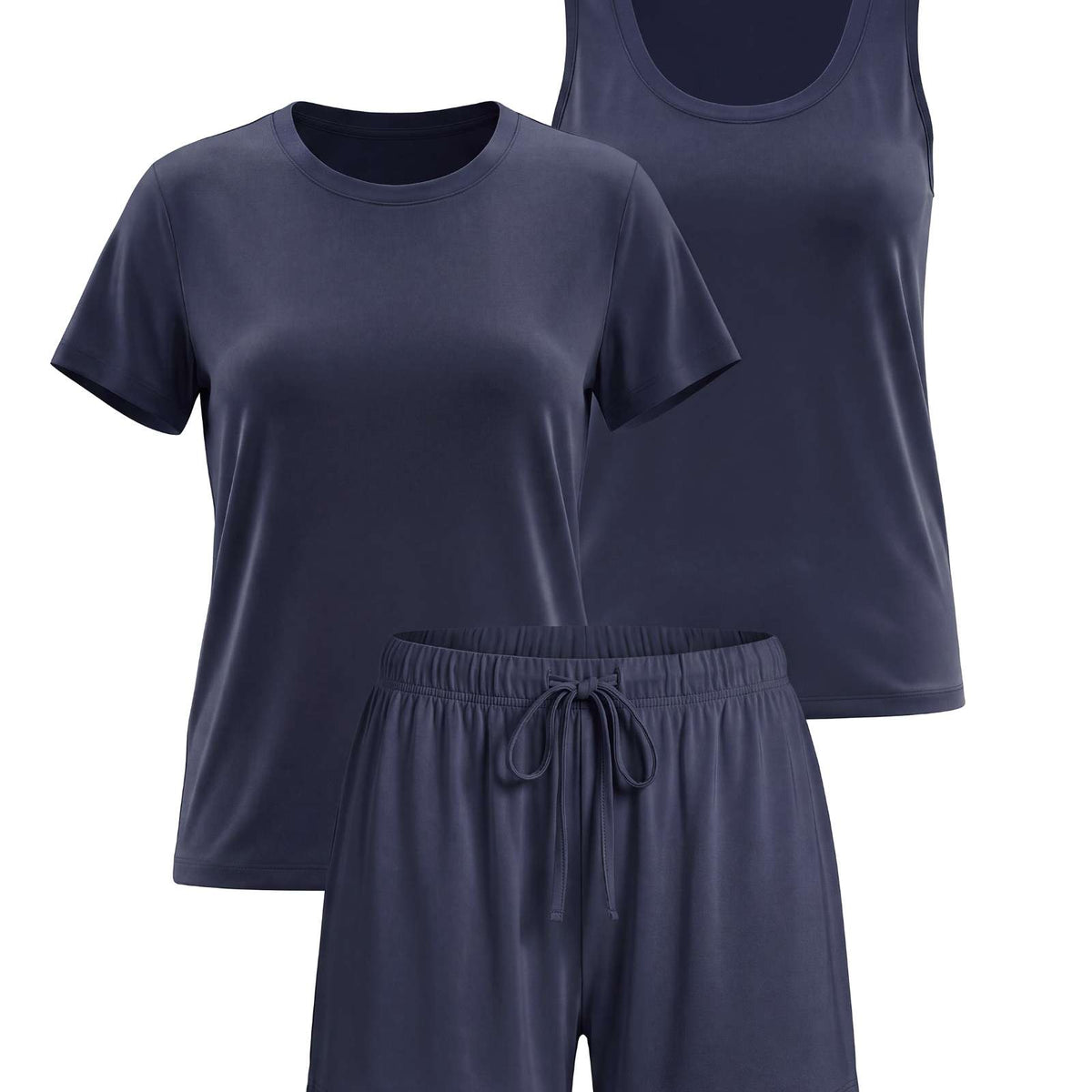 Real Essentials 3 Pack Women's Pajama Sets 3 Piece Crew Tee Tank Top Sleep Shorts Sleepwear - Solid Navy Blazer