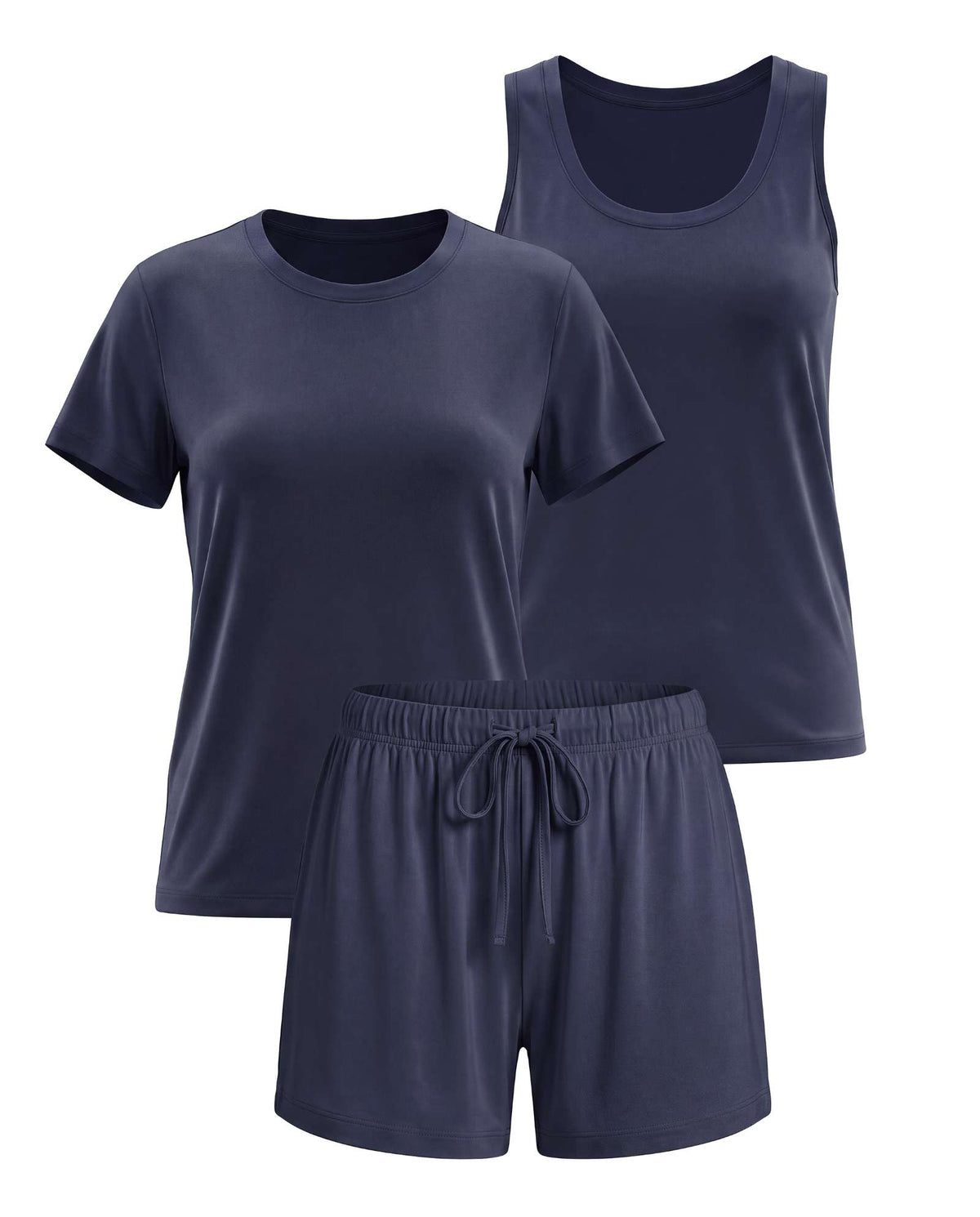 Real Essentials 3 Pack Women's Pajama Sets 3 Piece Crew Tee Tank Top Sleep Shorts Sleepwear - Solid Navy Blazer