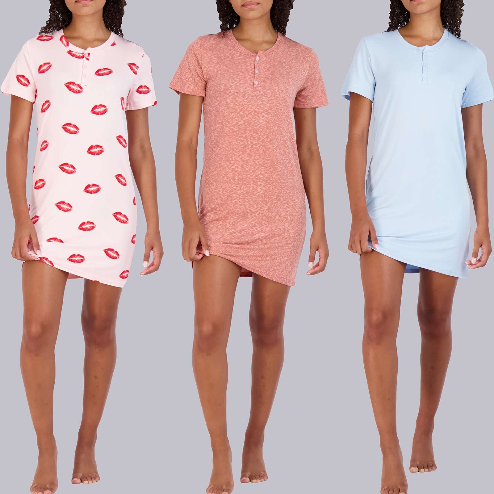 3 Pack: Womens Short Sleeve Henley Nightshirt Nightgown Sleep Dress