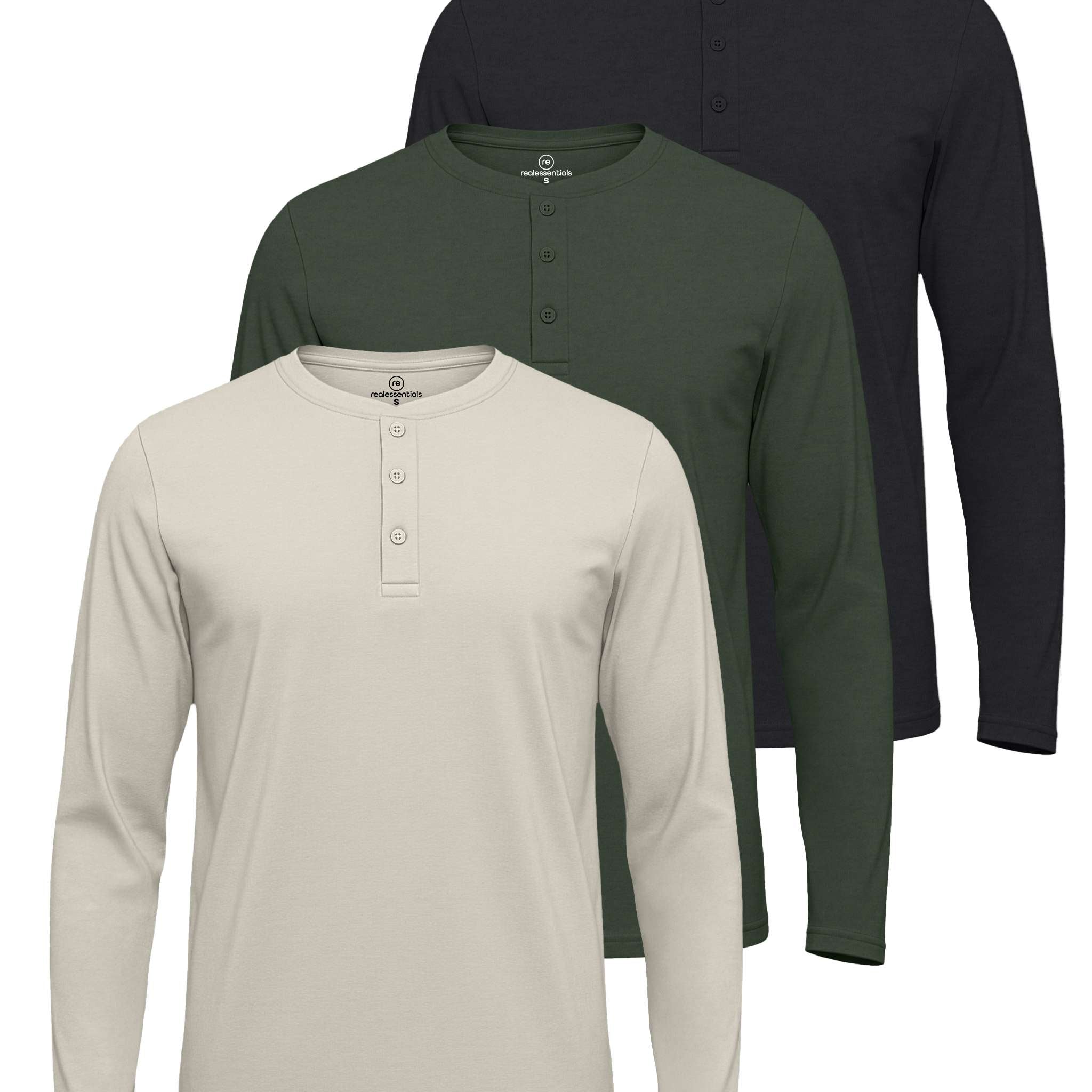 3 Pack: Mens Long Sleeve Cotton Henley T-Shirt
