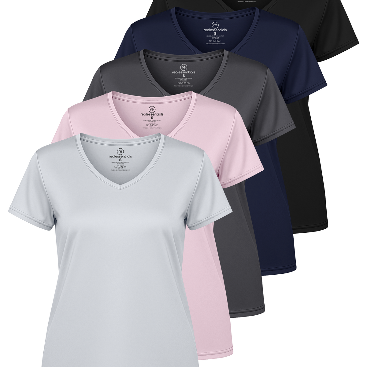 Real Essentials 5 Pack Womens Dry Fit V Neck Workout Tops Athletic T Shirts Gym Yoga Tees - Set 6