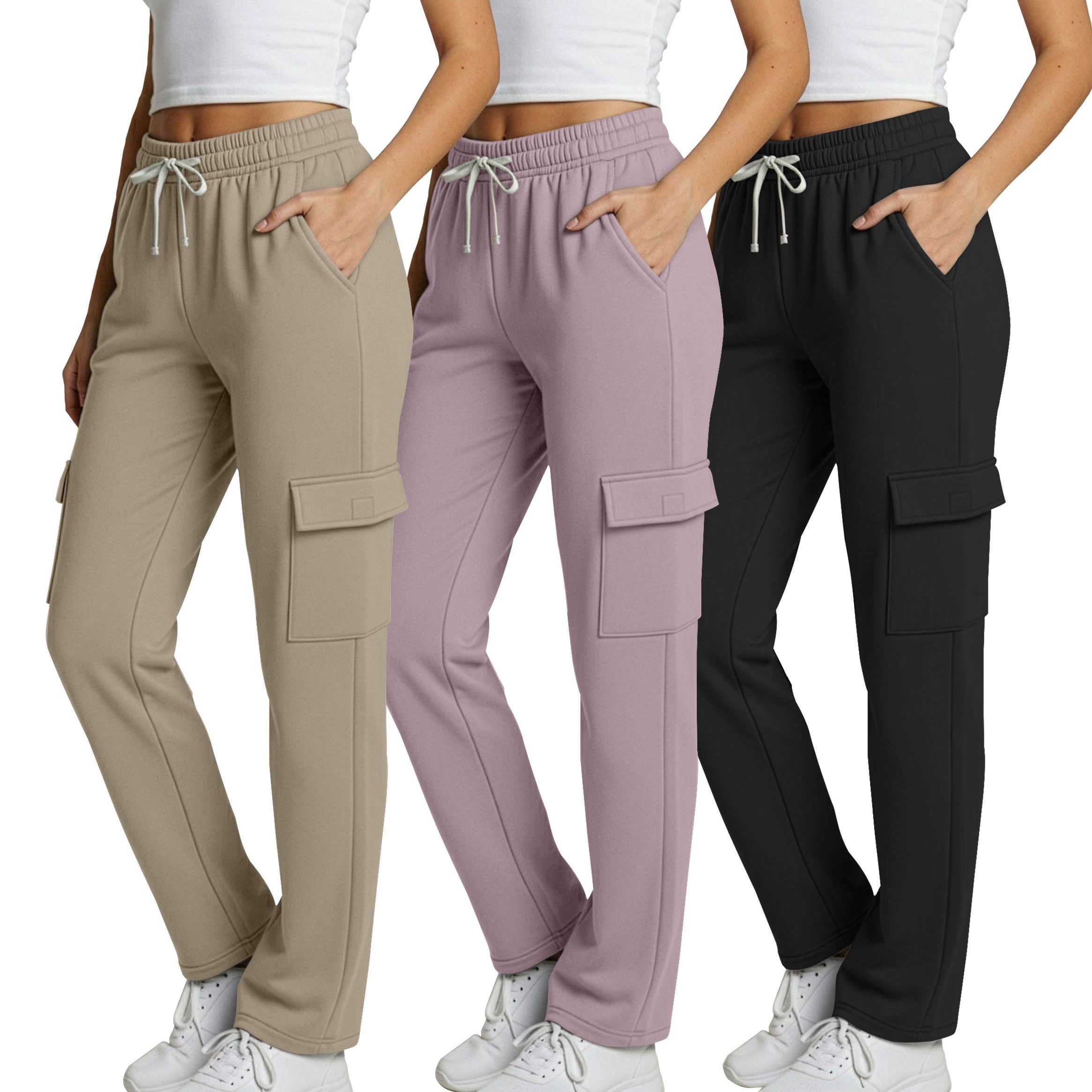 Real Essentials 3 Pack: Women's Fleece Cargo Sweatpants, Open Bottom Lounge & Athletic Casual Pants with Pockets