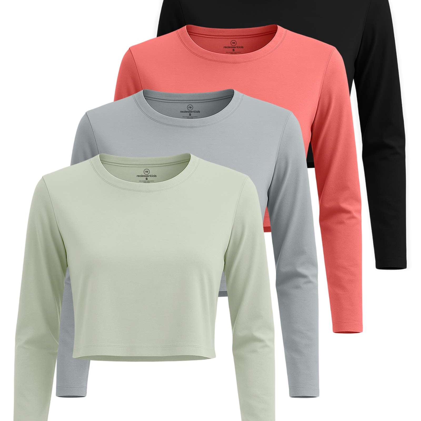 4 Pack: Women's Long Sleeve Crew Crop Top ( Available in Plus Size)