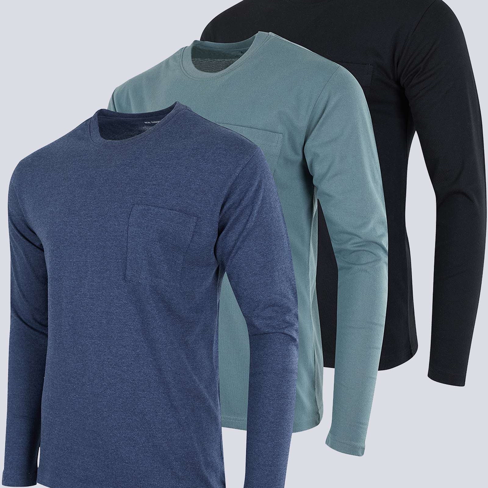 3 Pack: Mens Cotton Long Sleeve Crew Neck Pocket T-Shirt