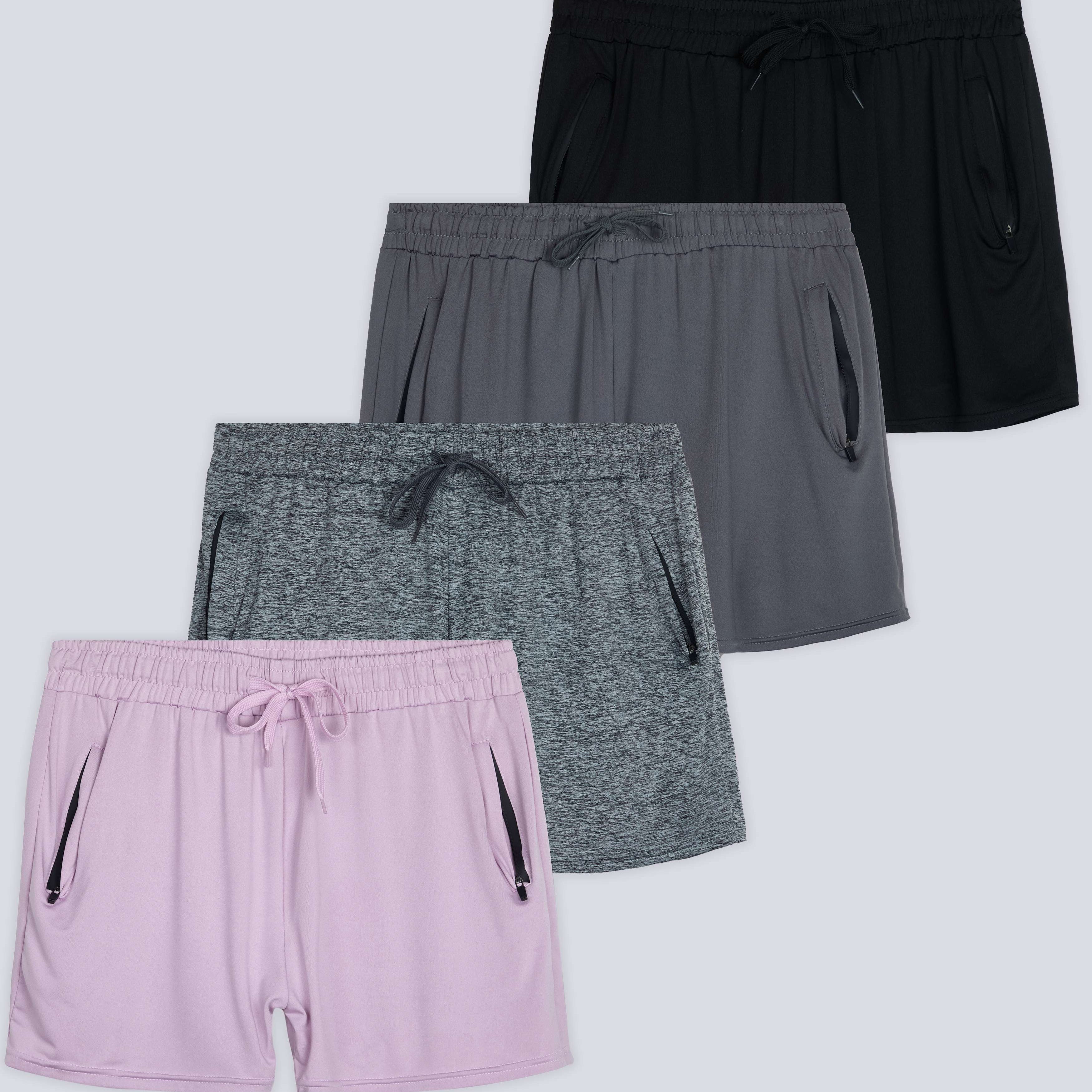 4 Pack: Womens Active Dry-Fit Shorts with Zipper Pockets