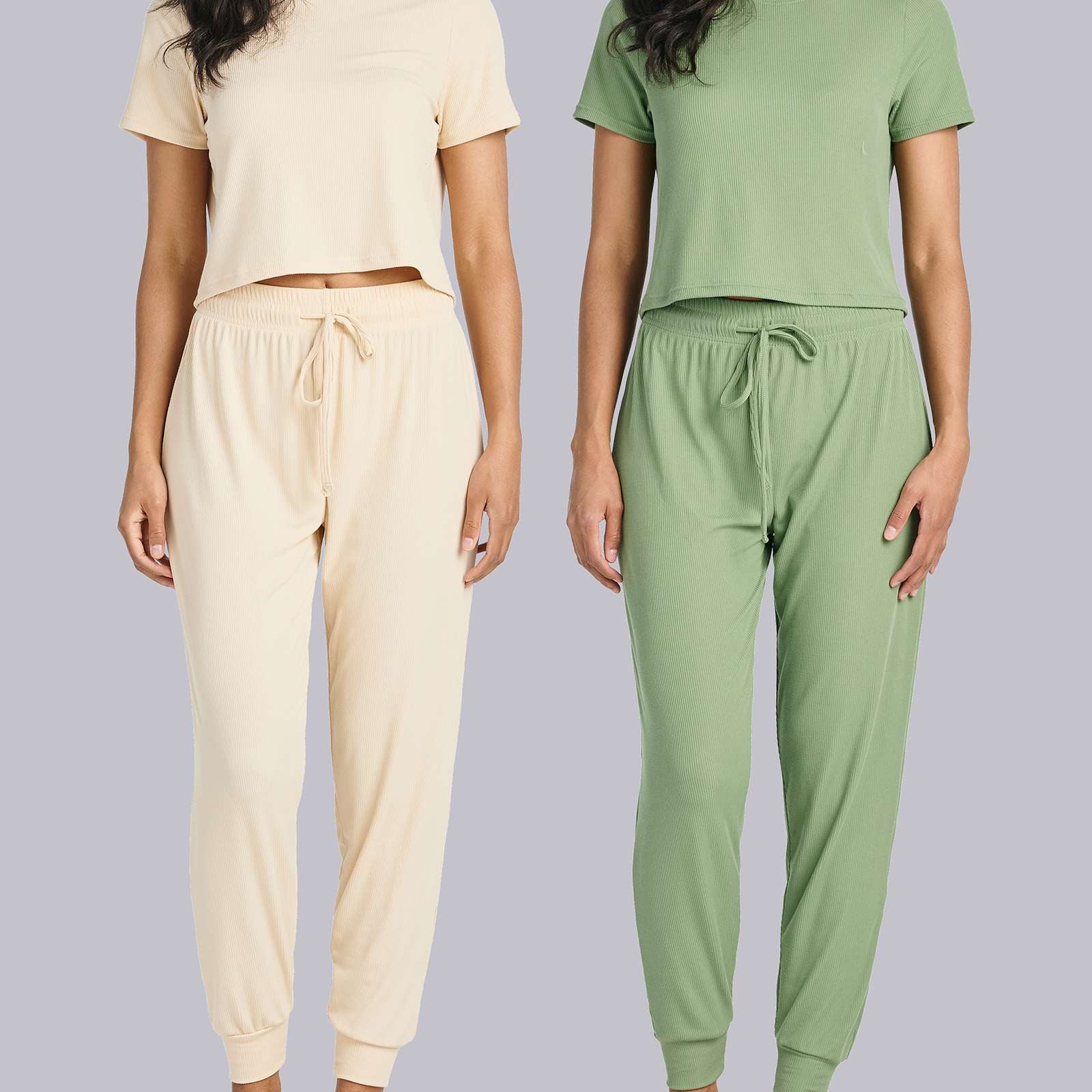 2 Pack: Women's Ribbed Knit Cropped Top with Jogger Sweatpants