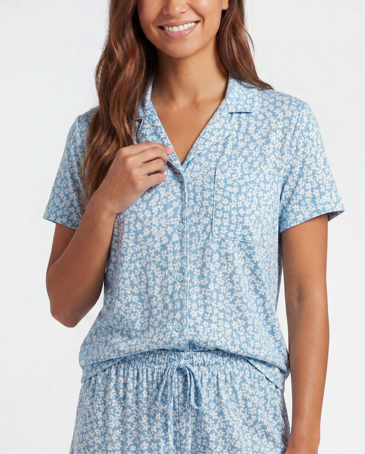 Real Essentials 2 Pack Women's Pajama Sets Lounge Set 2 Piece Button Up PJ Sleepwear Ladies - Soft Chambray Flowers, Orchid Petal Stripe