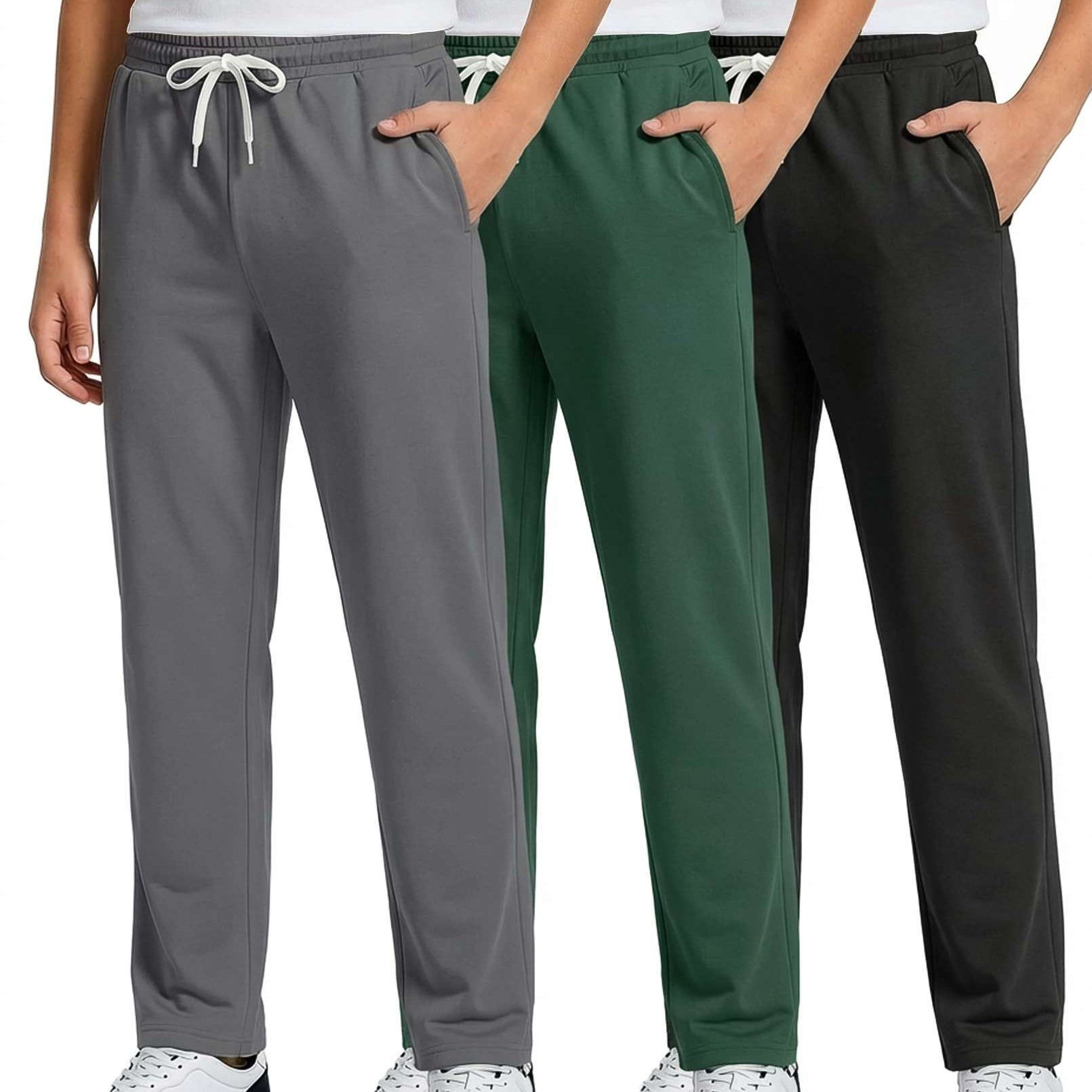 Real Essentials 3 Pack: Boys' French Terry Open Bottom Sweatpants Sweats for School Kids Teens with Pockets (Size 4-18)