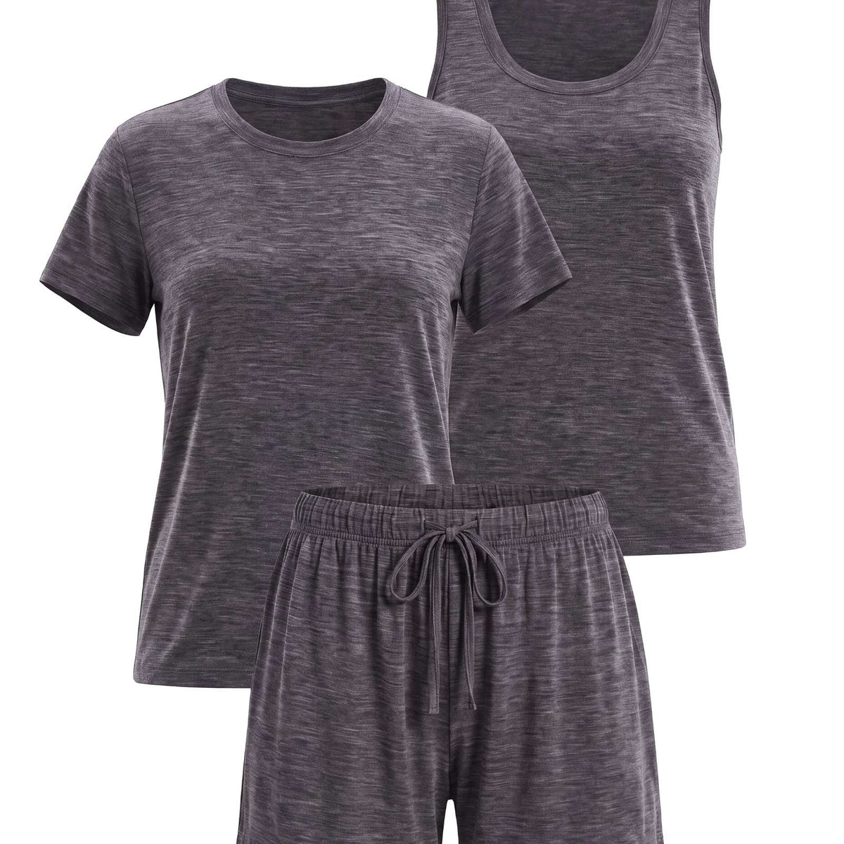 Real Essentials 3 Pack Women's Pajama Sets 3 Piece Crew Tee Tank Top Sleep Shorts Sleepwear - Charcoal Heather