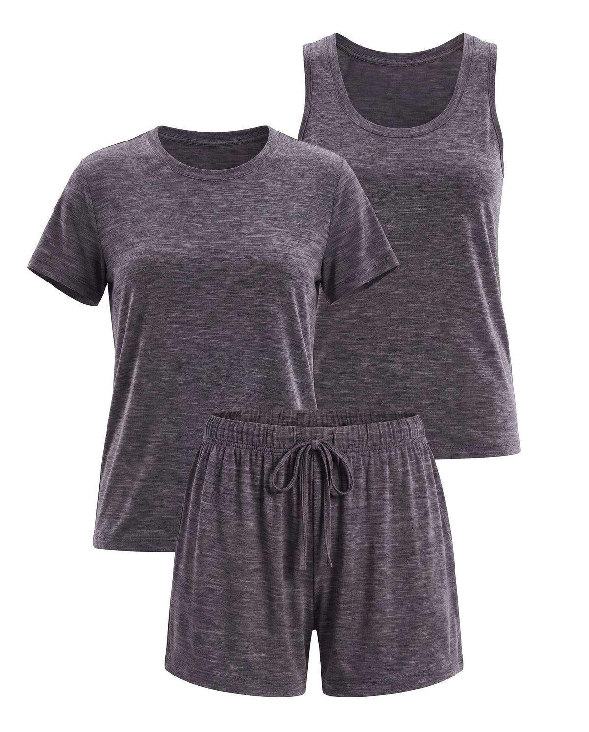 Real Essentials 3 Pack Women's Pajama Sets 3 Piece Crew Tee Tank Top Sleep Shorts Sleepwear - Charcoal Heather