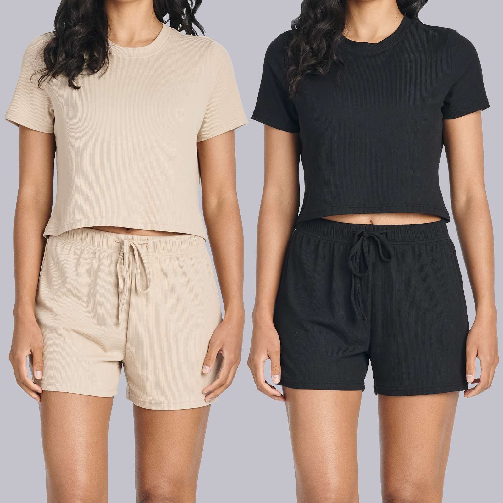 2 Pack: Women's Soft Ribbed Knit Crop Top & Short Set