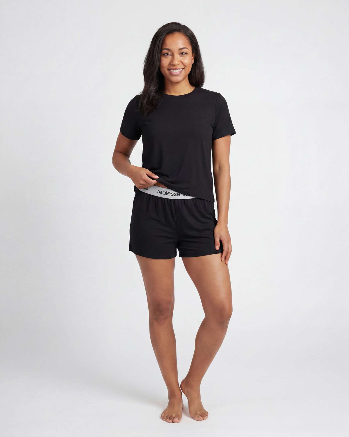 Real Essentials 2 Pack Women's Pajama Sets 2 Piece Boxy Tee Sleep Shorts PJs Sleepwear Cute - Solid Black, Solid Black