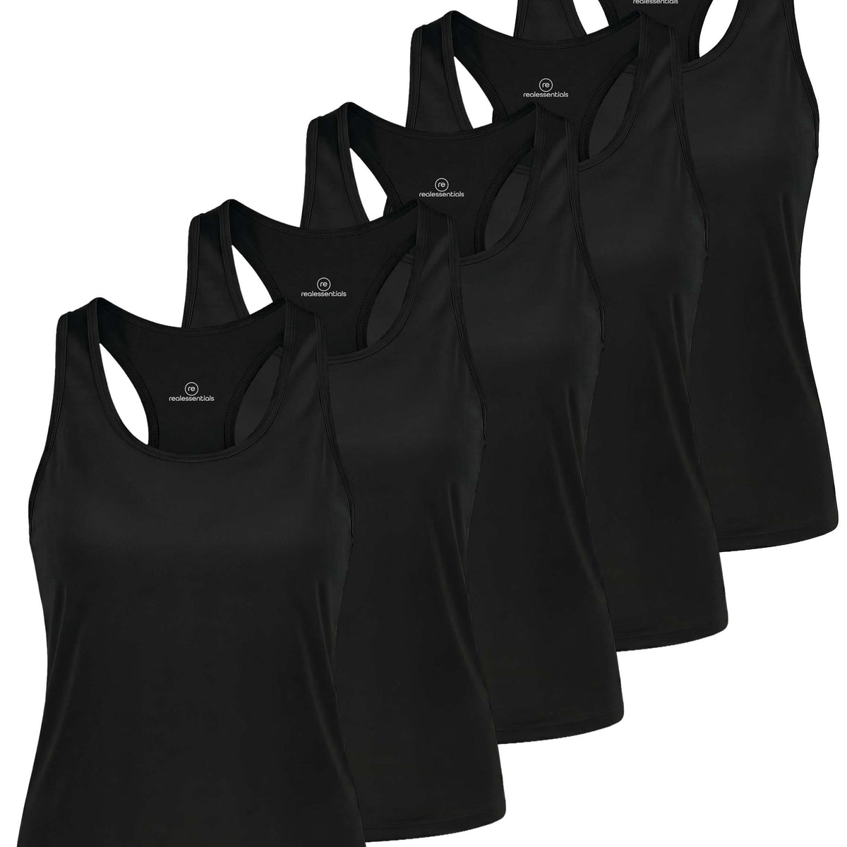 Real Essentials 5 Pack Women's Racerback Crop Tank Tops Dry Fit Workout Athletic Gym Yoga - Solid Black, Solid Black, Solid Black, Solid Black, Solid Black