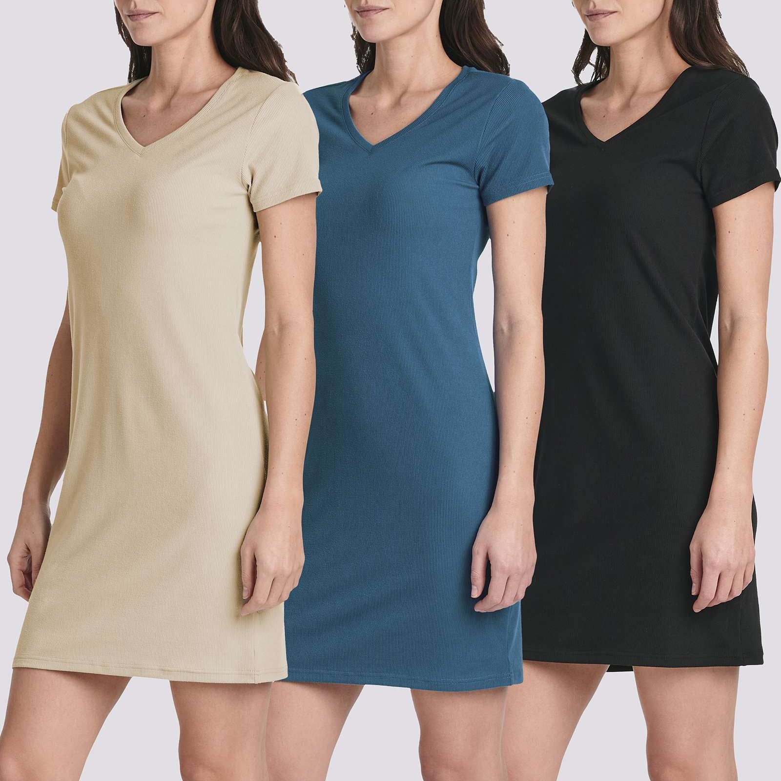 3 Pack: Women's Ribbed Knit Short-Sleeve V-Neck Swing Dress