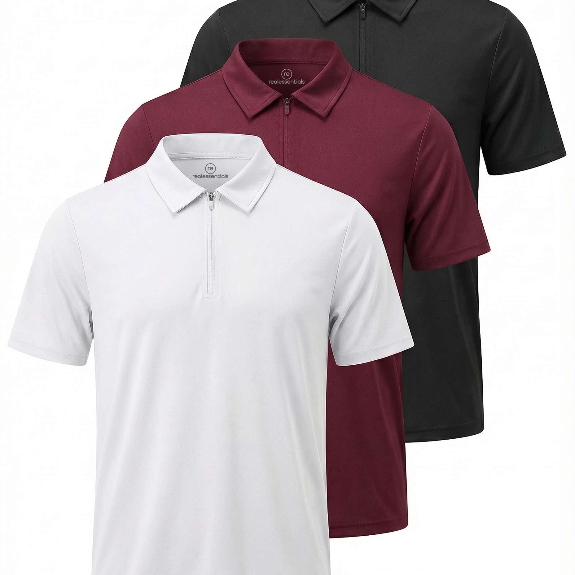 Real Essentials 3 Pack: Men's Polo Shirts Zipper Short Sleeve Dry Fit Quarter Zip Golf Athletic Workout Gym Collared