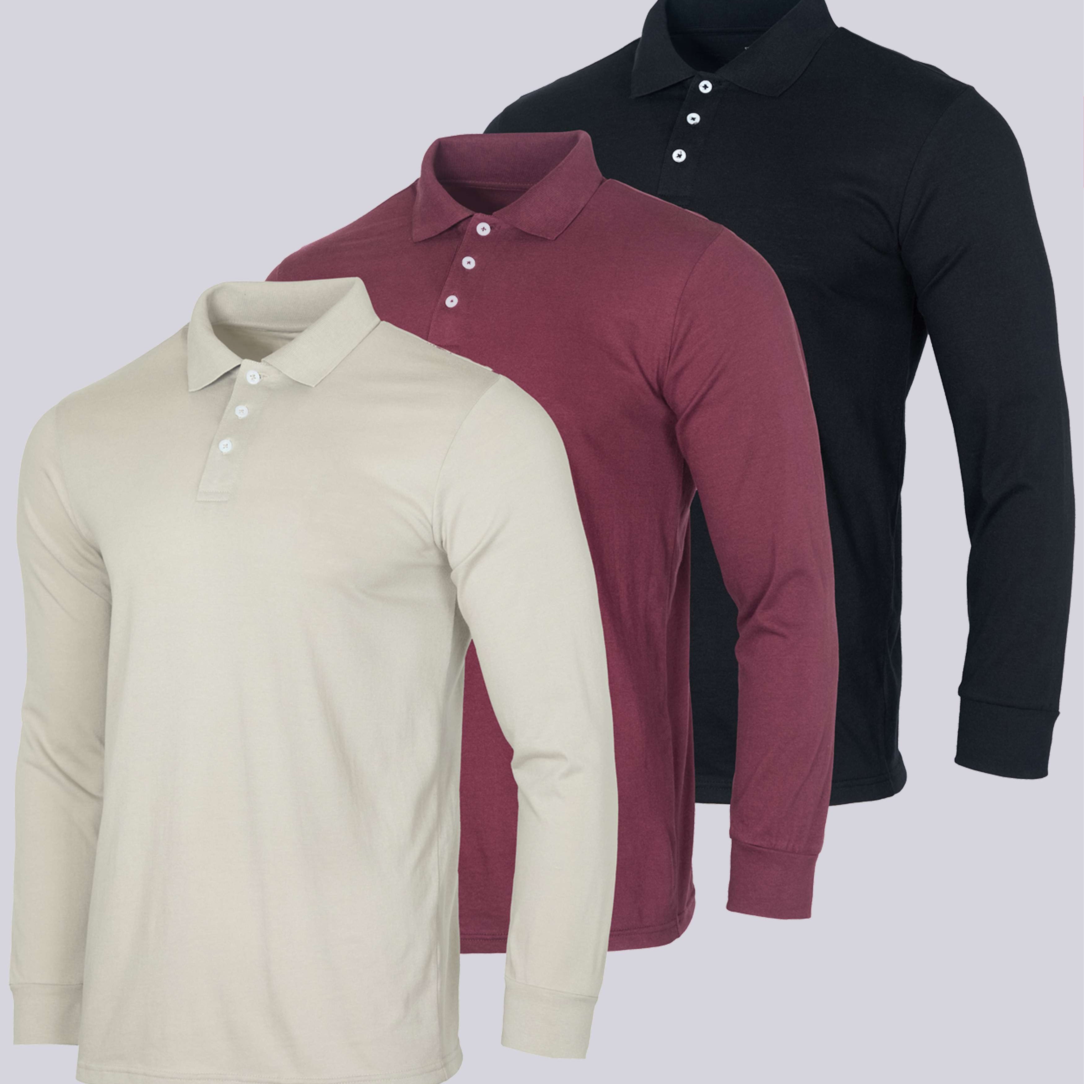 3 Pack: Men's Cotton Jersey Long-Sleeve Polo Shirt (Available in Big & Tall)