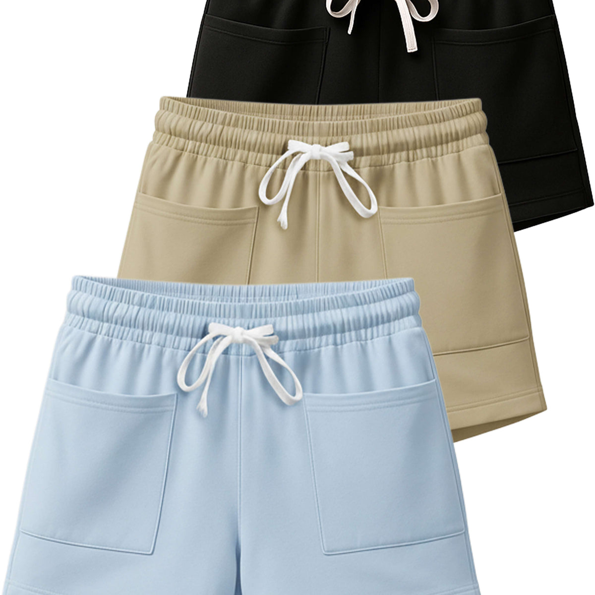 Real Essentials 3 Pack Women's French Terry Shorts Sweatshorts Lounge Gym Square Pockets - Set 5