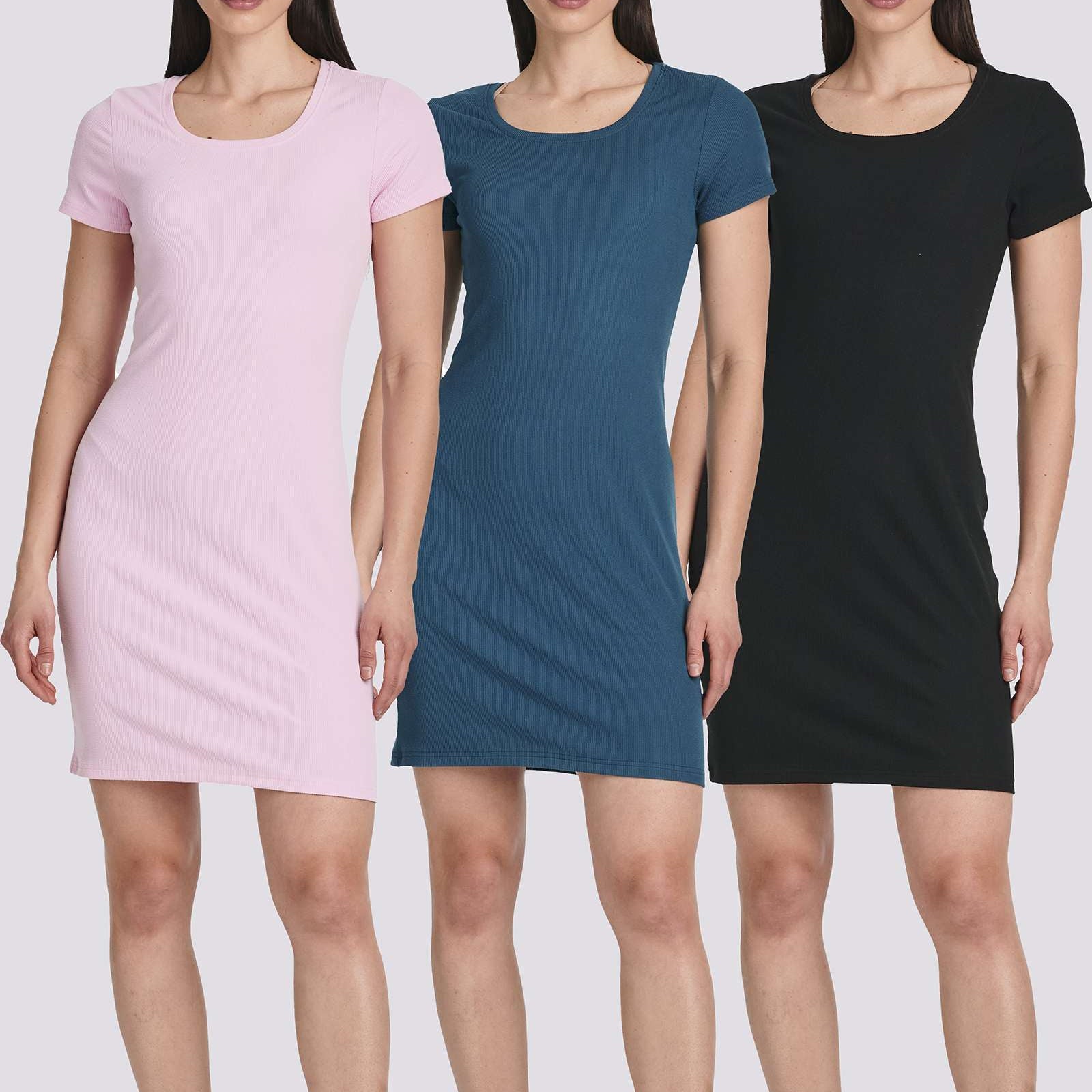 3 Pack: Women's Mini Short Sleeve Ribbed T-Shirt Dress
