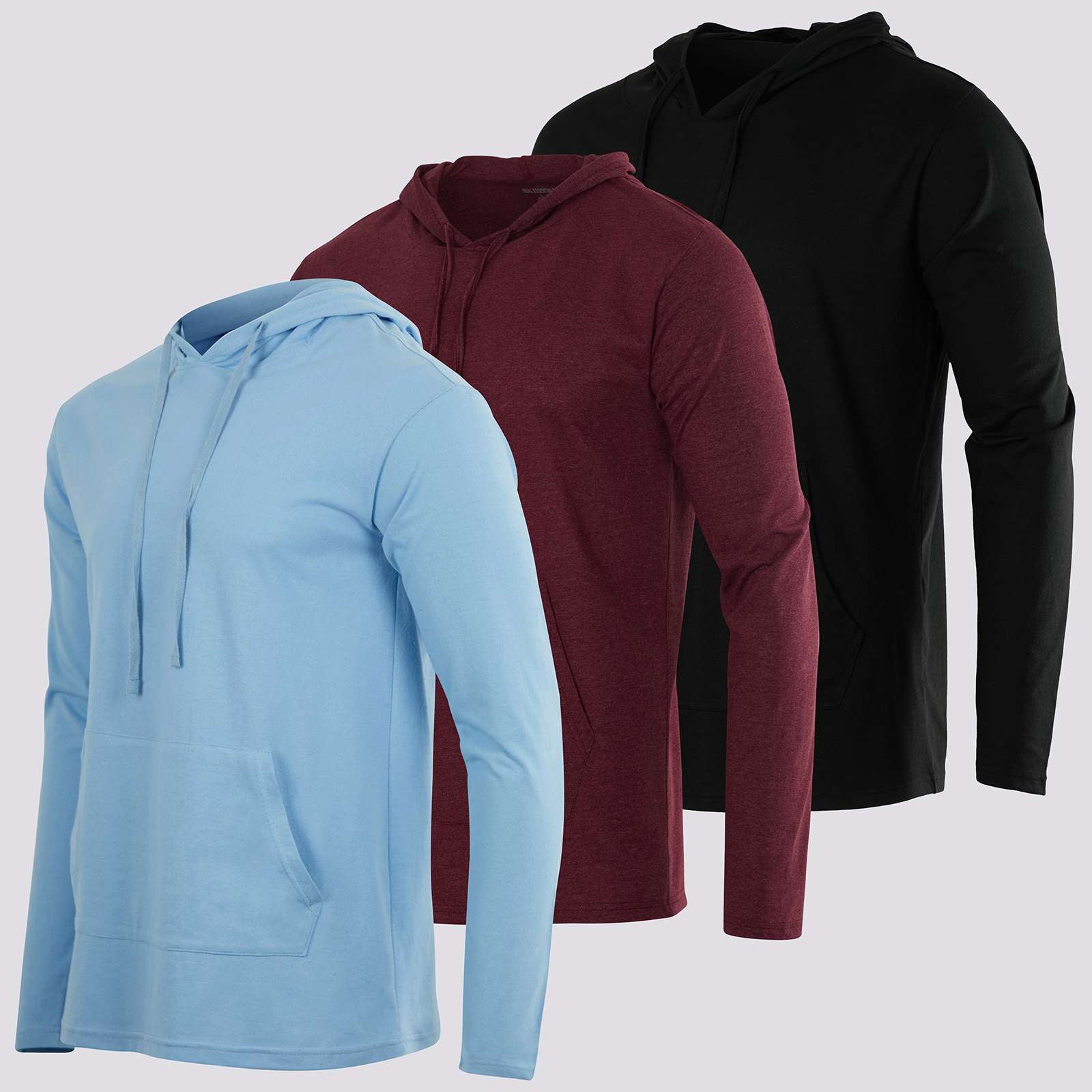 3 Pack: Mens Cotton Lightweight Pullover Hoodie