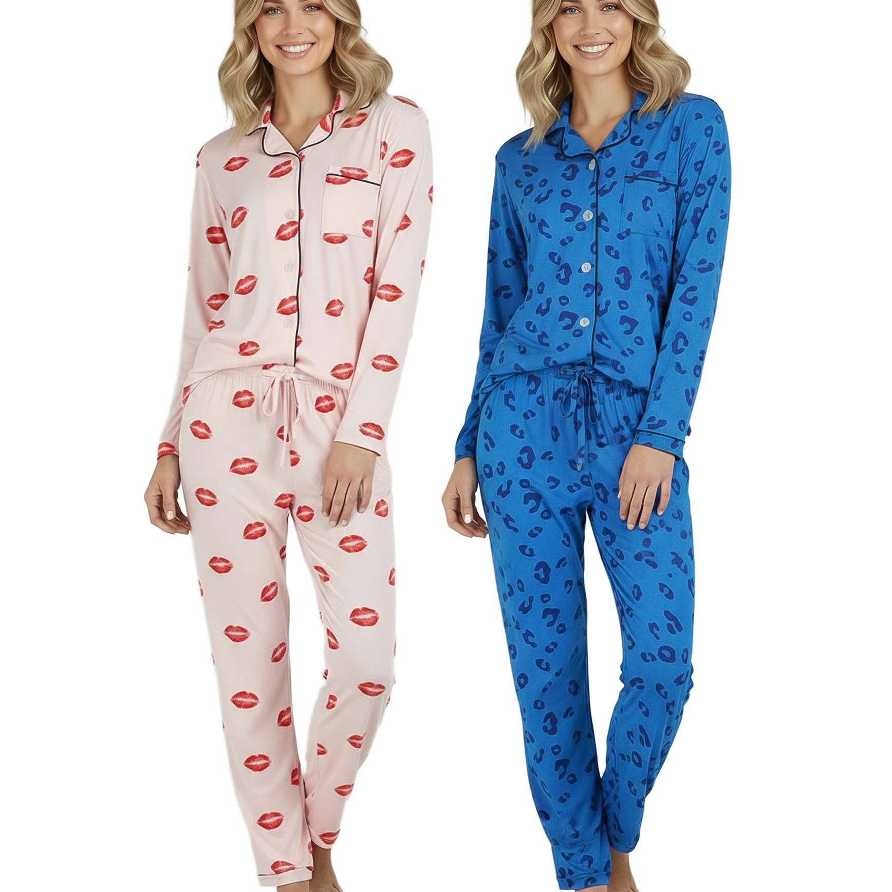 4 Piece: Women’s Long Sleeve Button Down Pajama Set