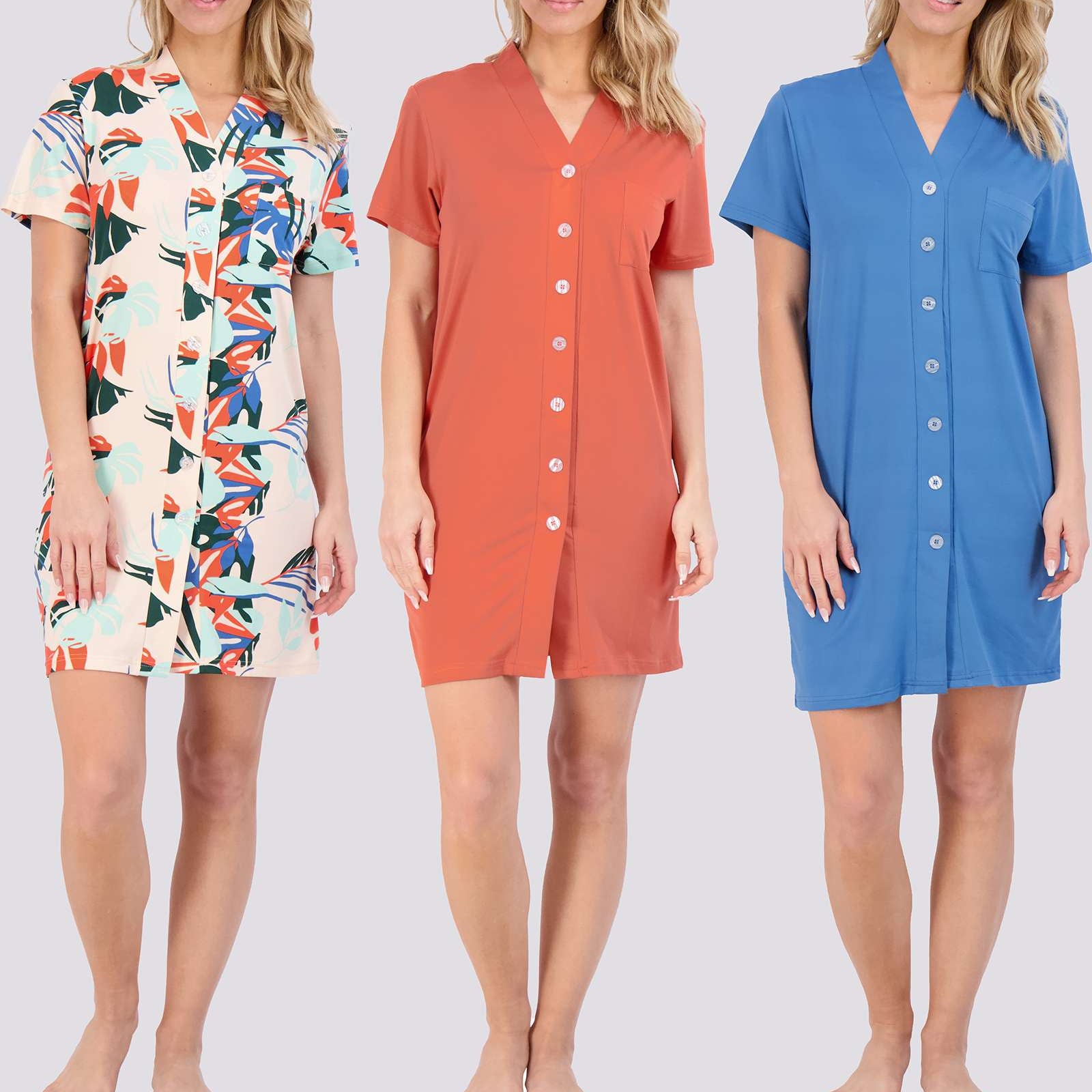 3 Pack: Women's Short Sleeve Button-Down Nightshirt