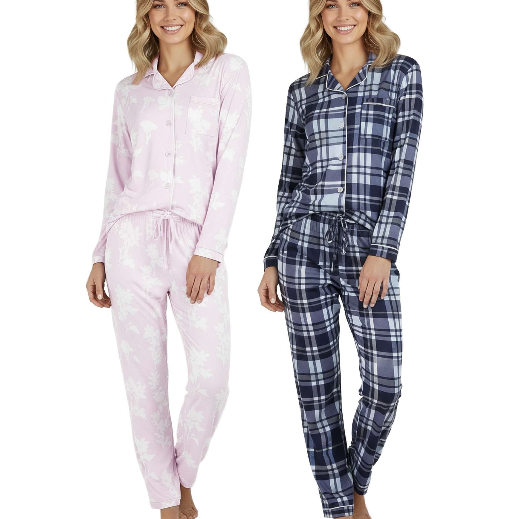 4 Piece: Women’s Long Sleeve Button Down Pajama Set