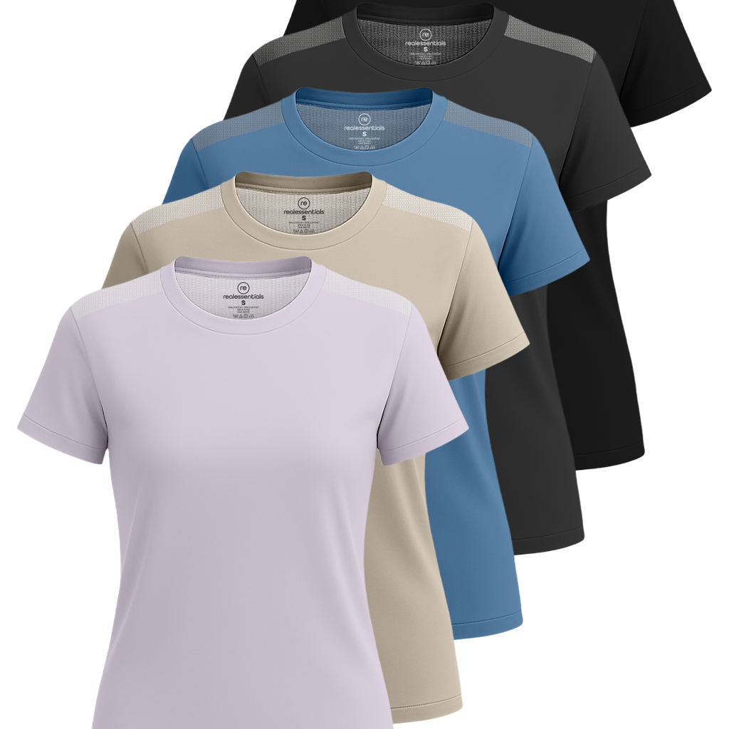 Real Essentials 5 Pack: Women's Short Sleeve Mesh Insert T-Shirts Athletic Tops Gym Workout Yoga Tennis Activewear (Plus)