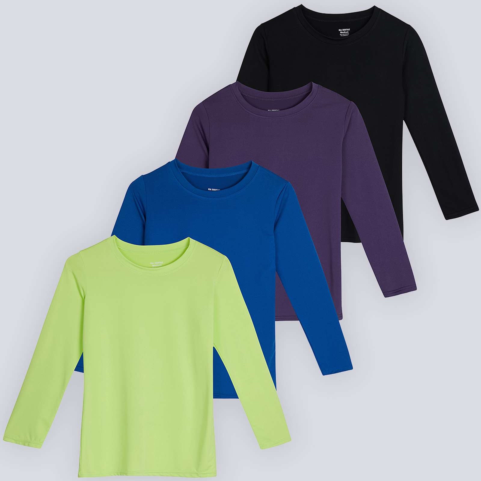 4 Pack: Girls Dry-Fit Long Sleeve Active Crew Neck T-Shirt