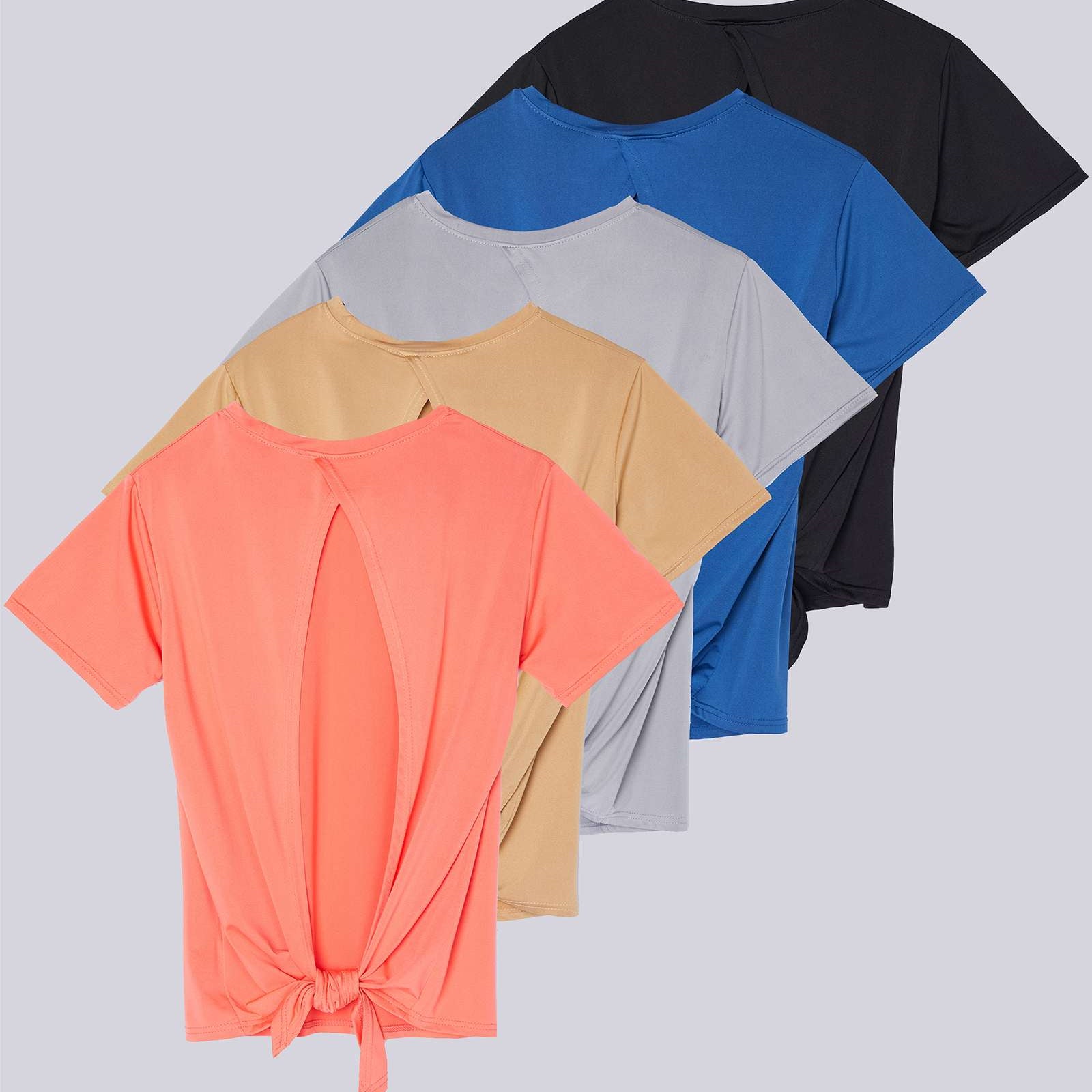 5 Pack: Women's Short Sleeve Open Back Tie Back Dry-Fit T-Shirt