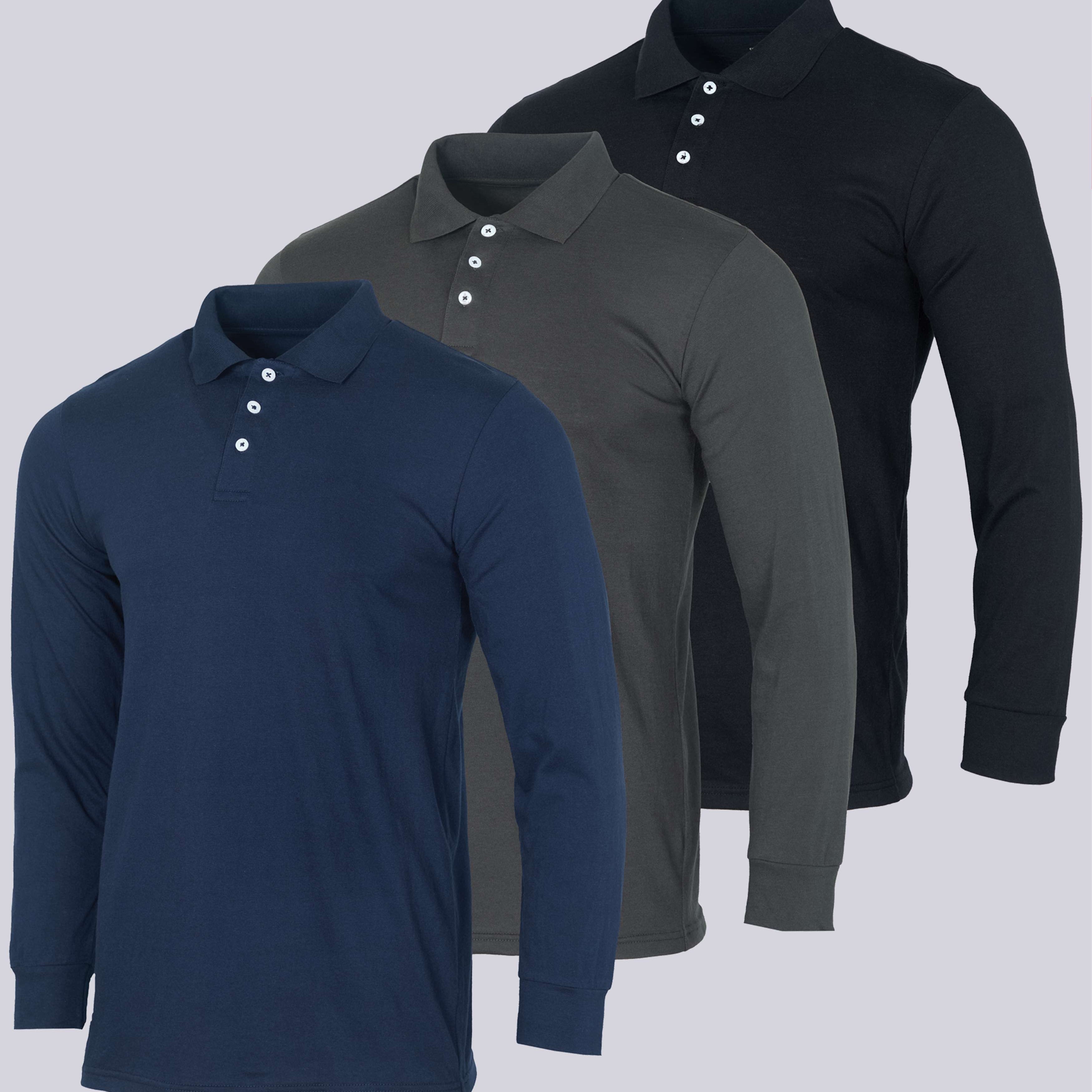 3 Pack: Men's Cotton Jersey Long-Sleeve Polo Shirt (Available in Big & Tall)