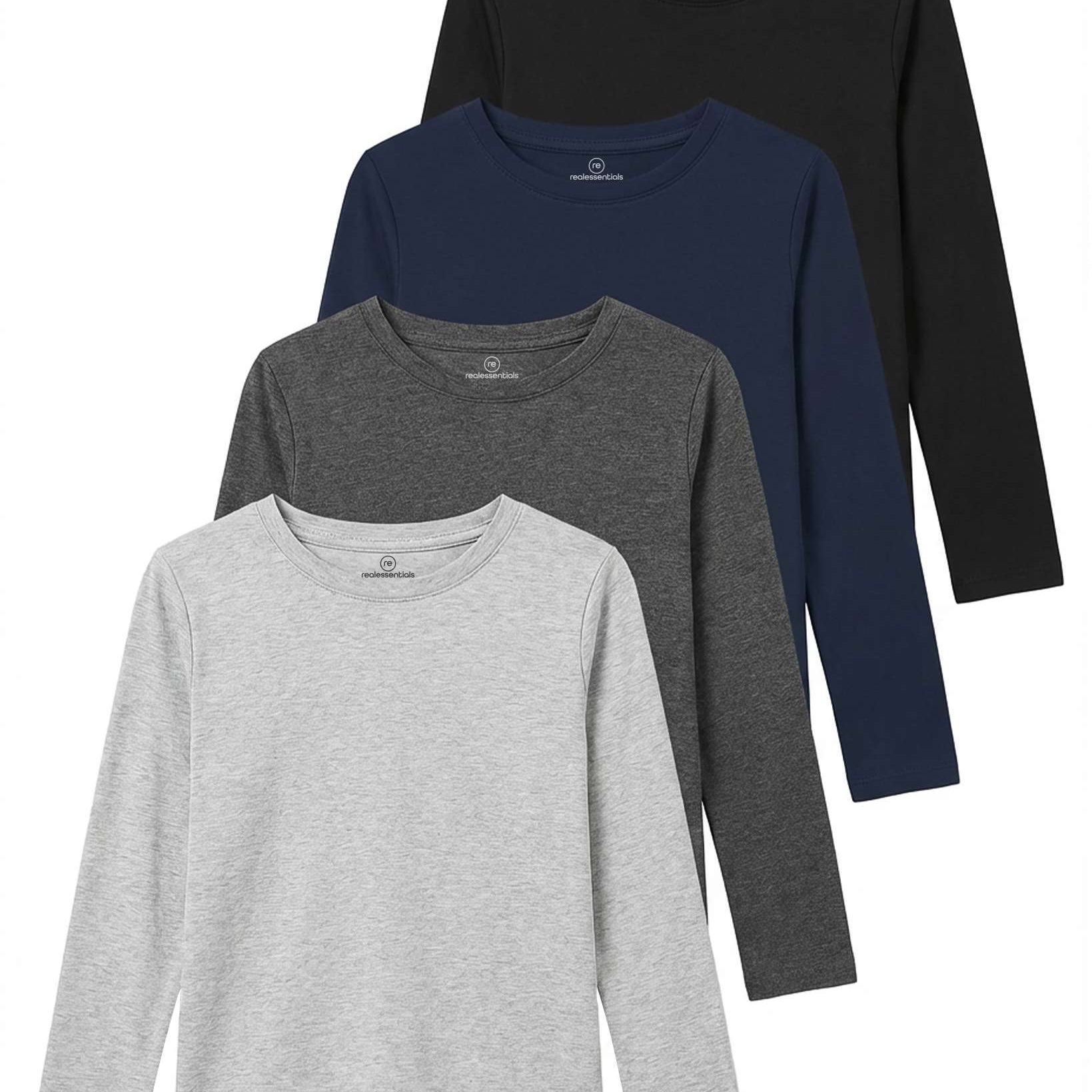 4 Pack: Girls Cotton Long Sleeve T Shirts Teens Tops Athletic Tee Plain Basic Multipack Youth Kids