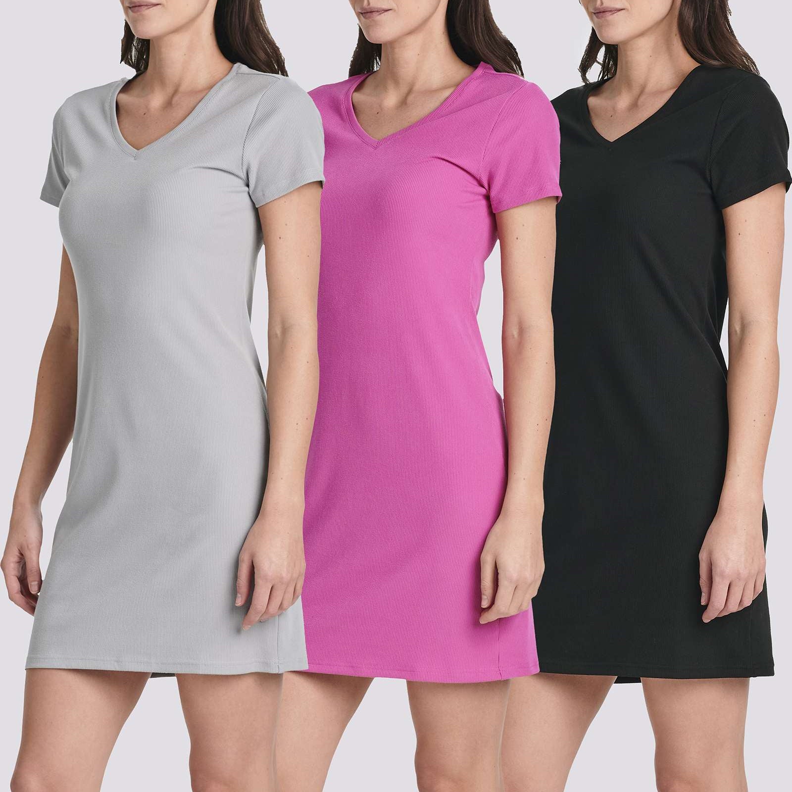 3 Pack: Women's Ribbed Knit Short-Sleeve V-Neck Swing Dress