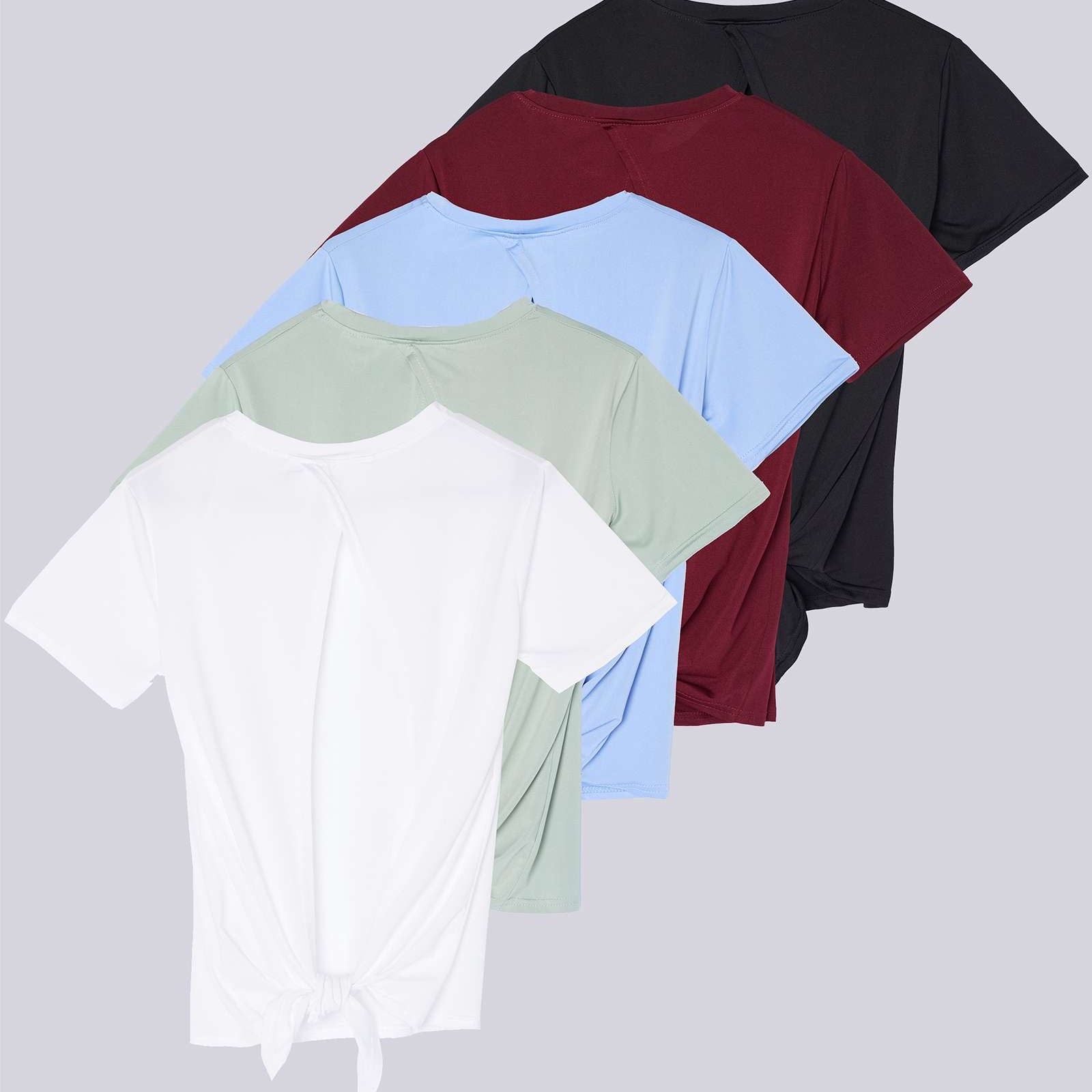 5 Pack: Women's Short Sleeve Open Back Tie Back Dry-Fit T-Shirt