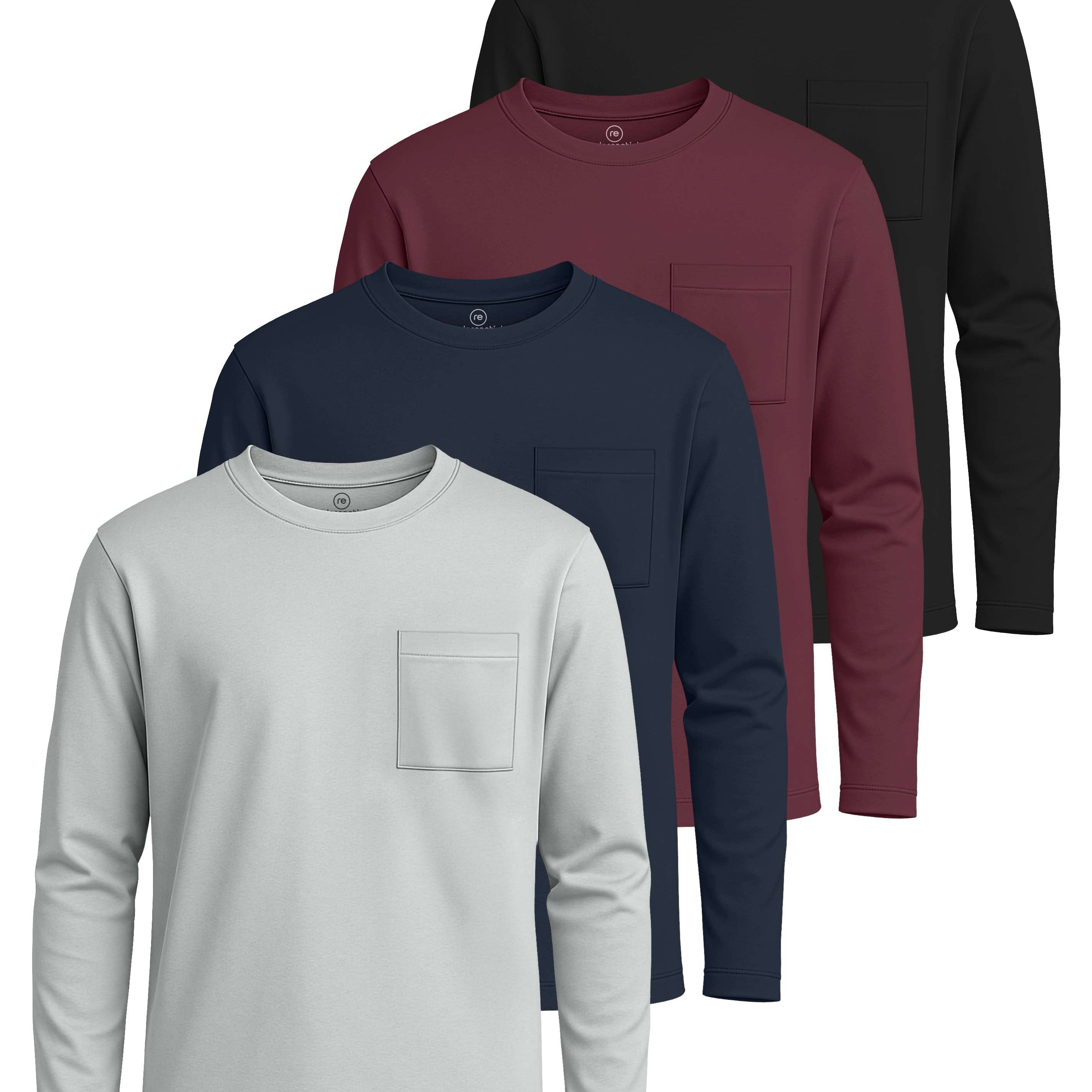 Real Essentials 4 Pack: Boys' Cotton Jersey Long Sleeve T-Shirt with Pocket - Kids Teens Youth Crew Neck Tee Top (Ages 4-16)