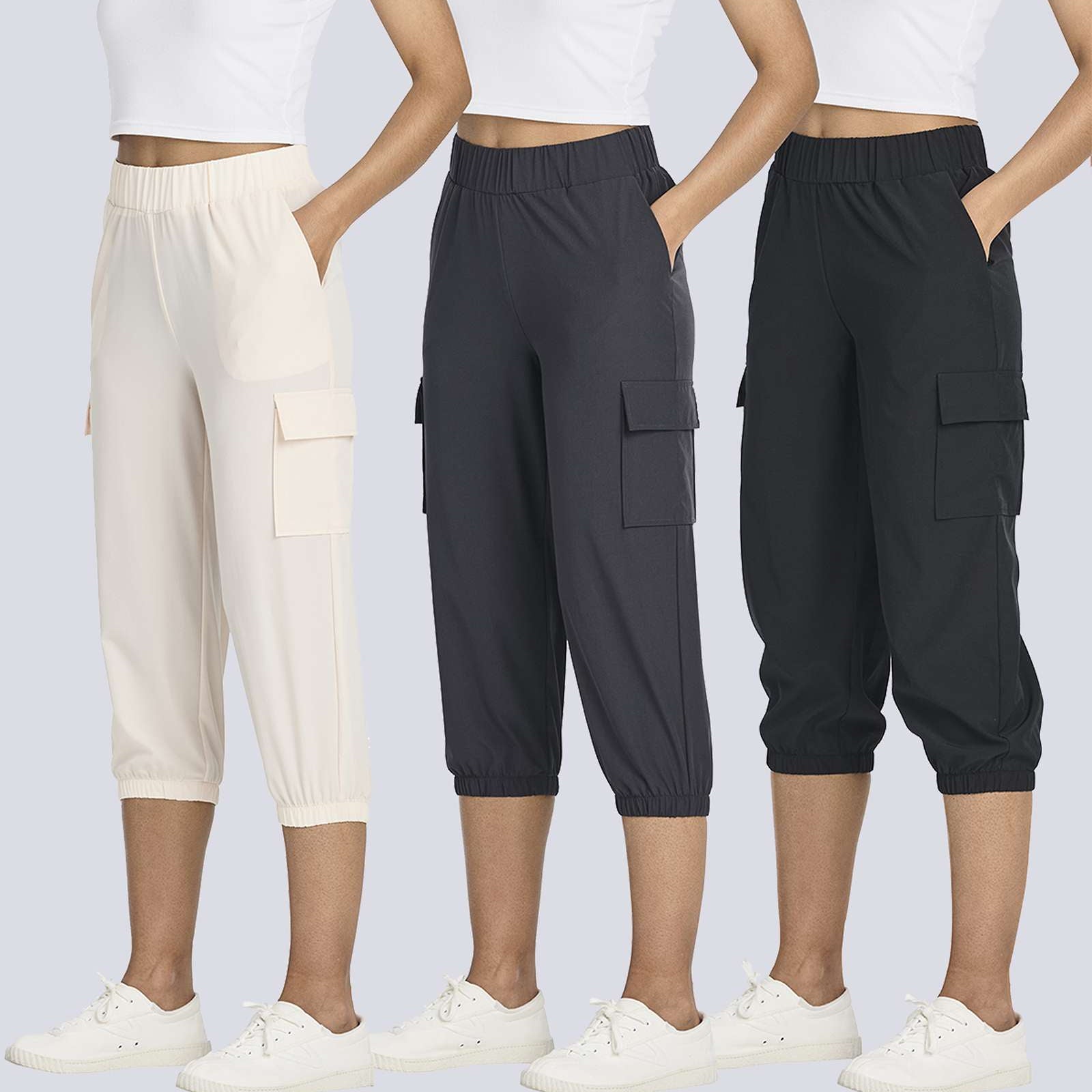3 Pack: Women's Woven Cargo Capri Jogger Pants