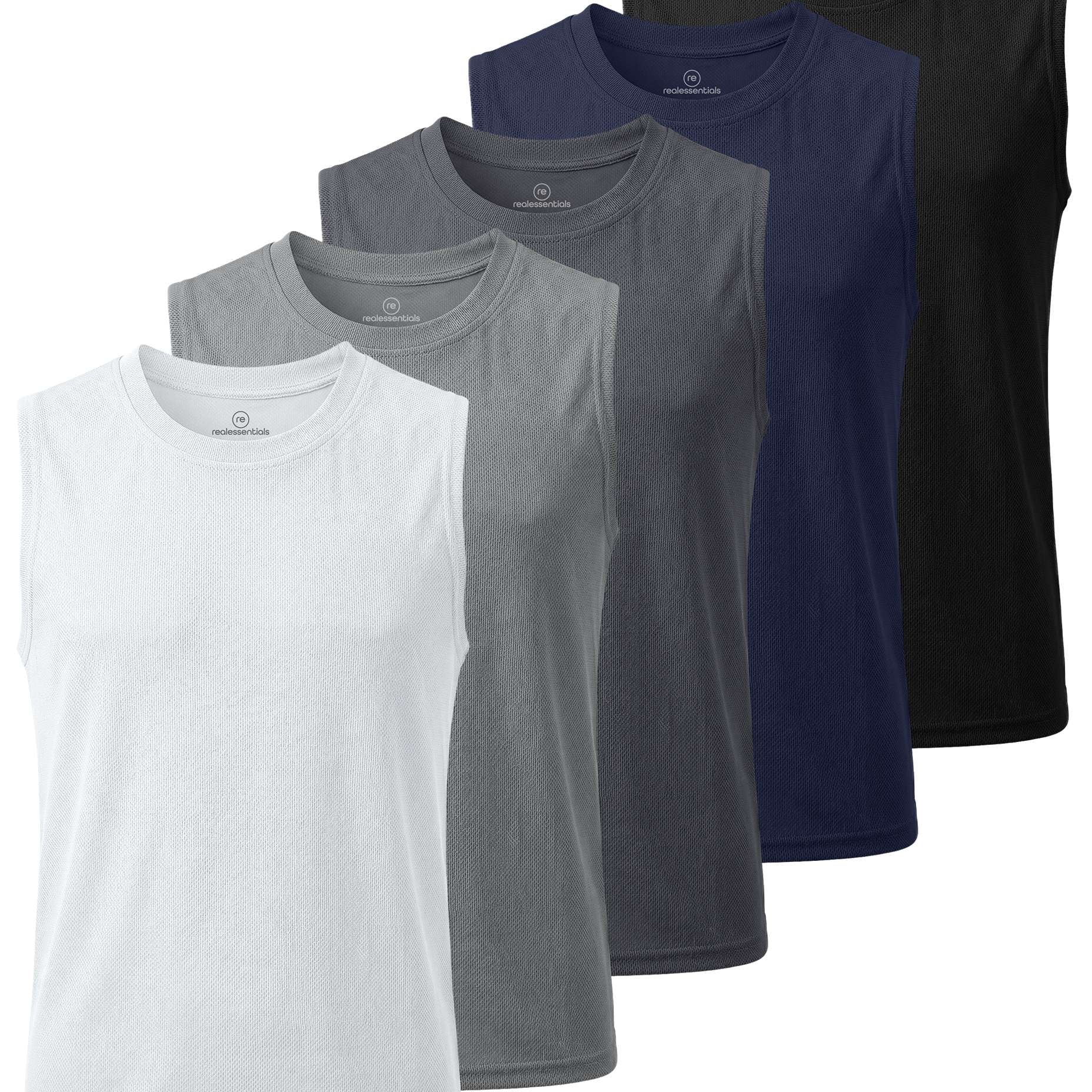 Real Essentials 5 Pack: Boys Mesh Active Tank Tops Athletic Workout Sleeveless Muscle Basketball Sports Dry Fit Teen