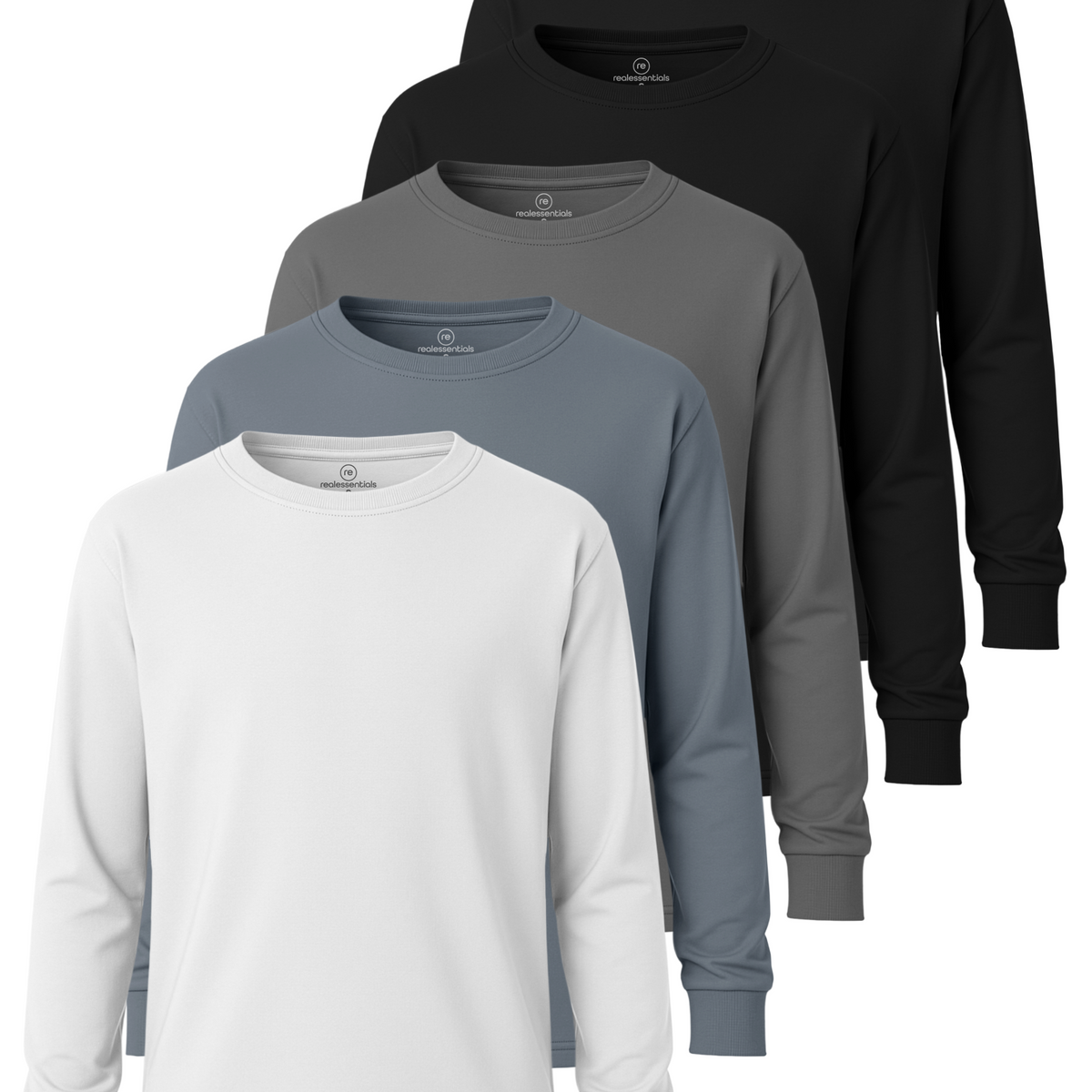 Real Essentials 5 Pack Boys' Cotton Long Sleeve Jersey T Shirts Kids School Youth Tees - Set 7
