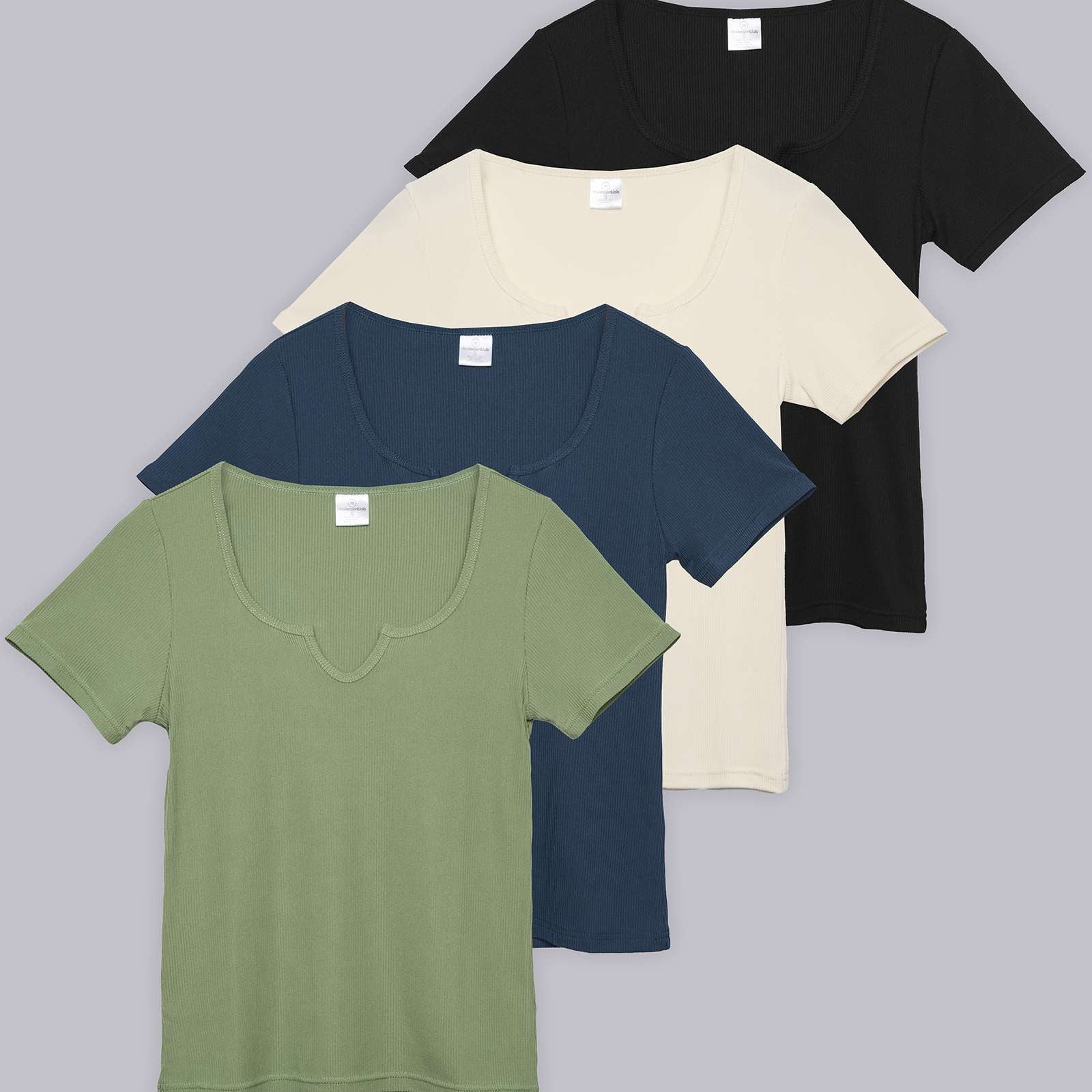 4 Pack: Women's Soft Ribbed Knit Split Neck T-Shirt