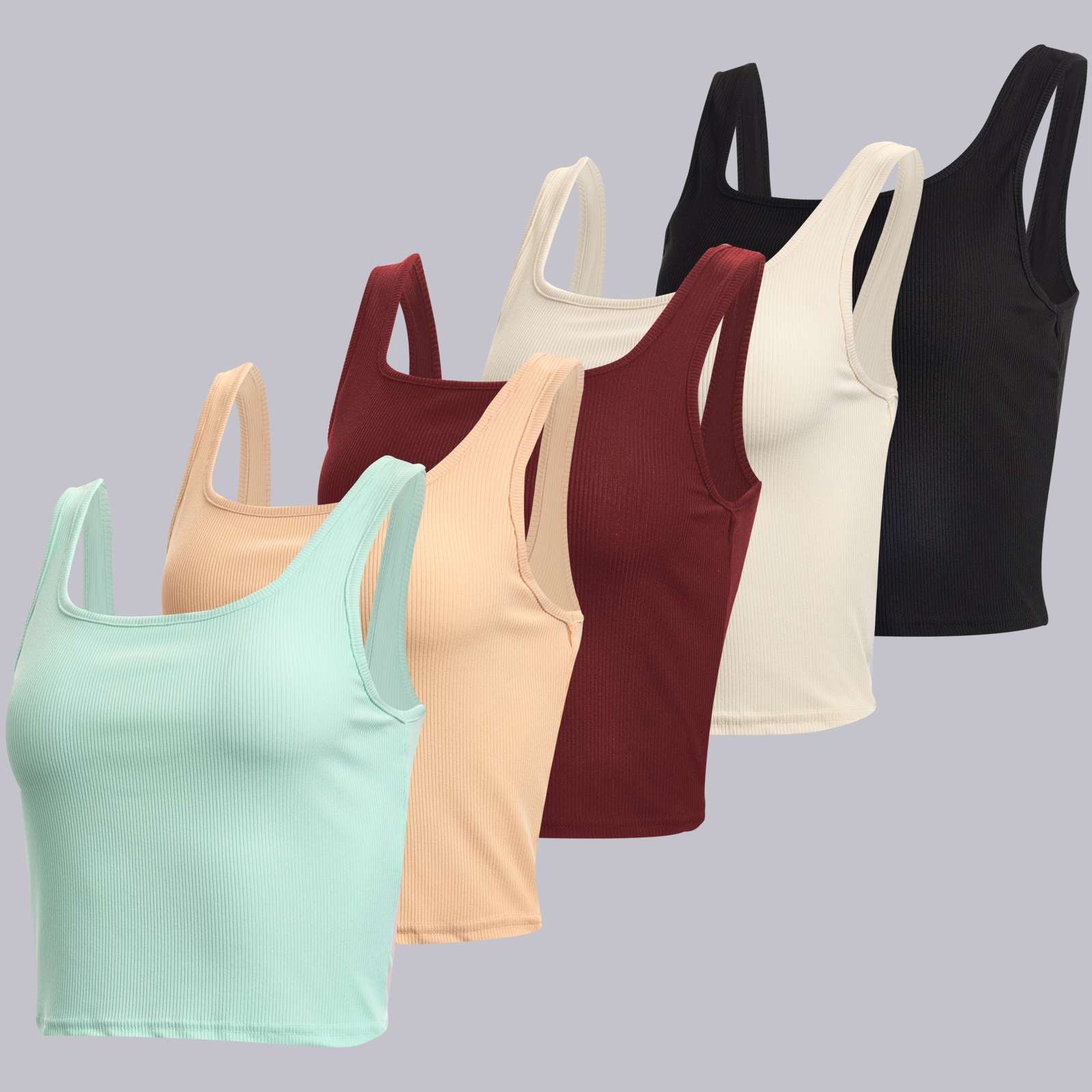 Real Essentials 5 Pack: Women's Soft Knit Ribbed Square Neck Cropped Tank Top - Sleeveless Crop Tops