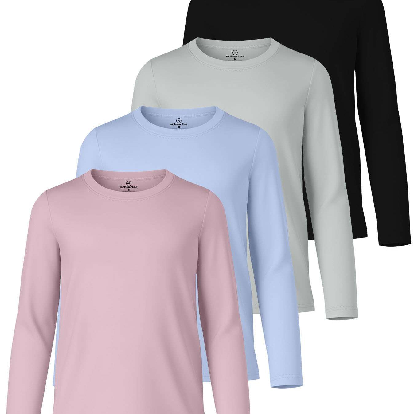 4 Pack: Girls Dry-Fit Long Sleeve Active Crew Neck T-Shirt