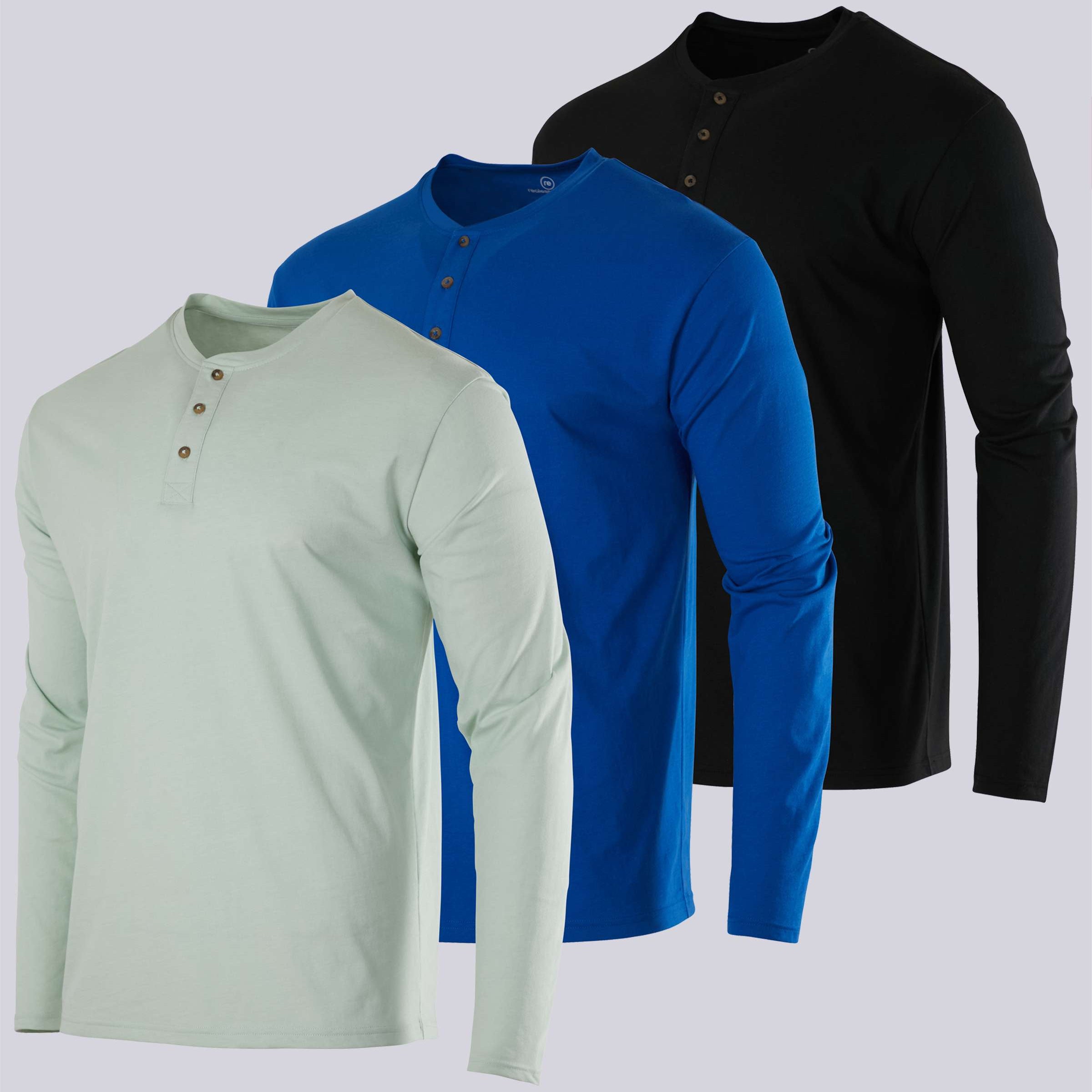 3 Pack: Mens Long Sleeve Cotton Henley T-Shirt