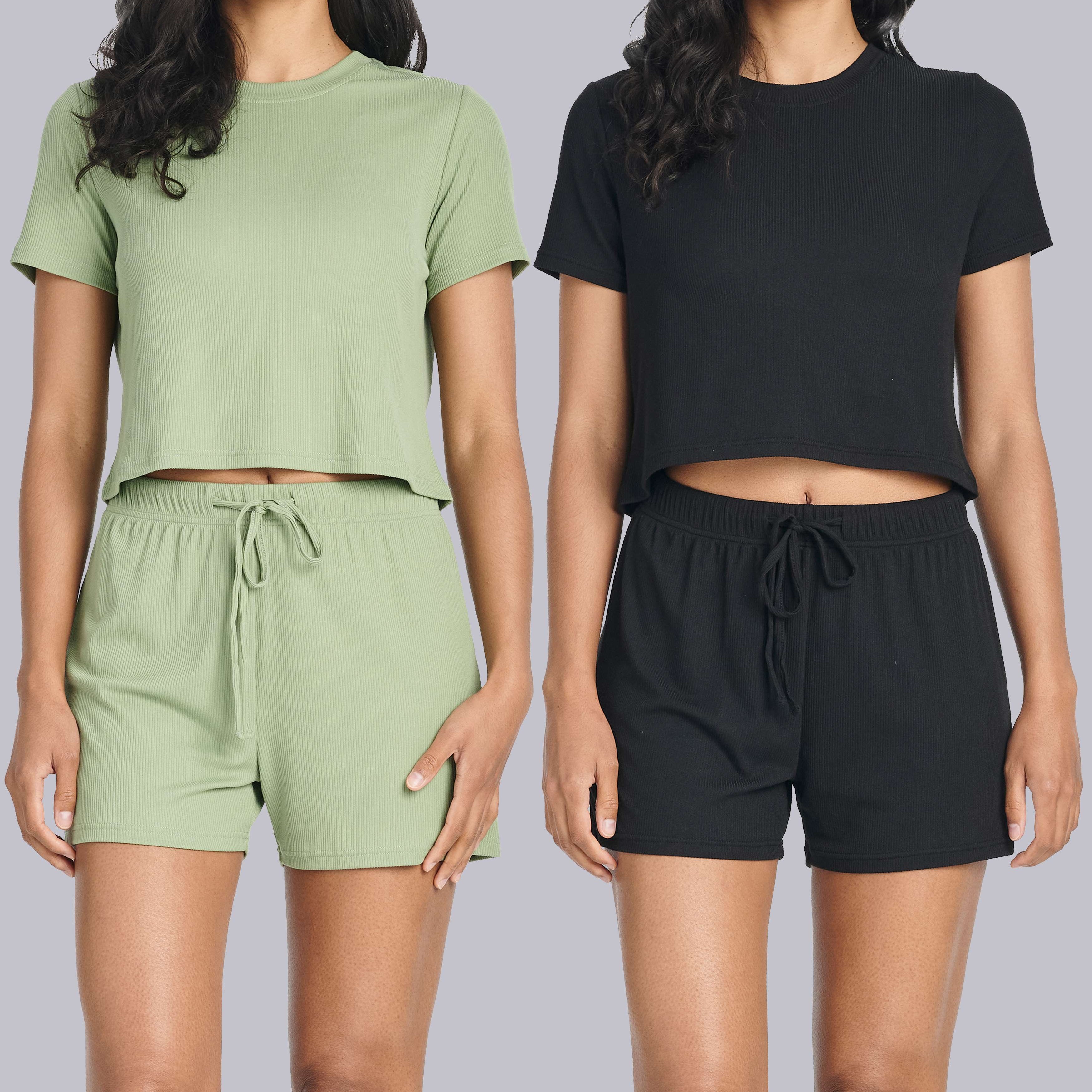 2 Pack: Women's Soft Ribbed Knit Crop Top & Short Set