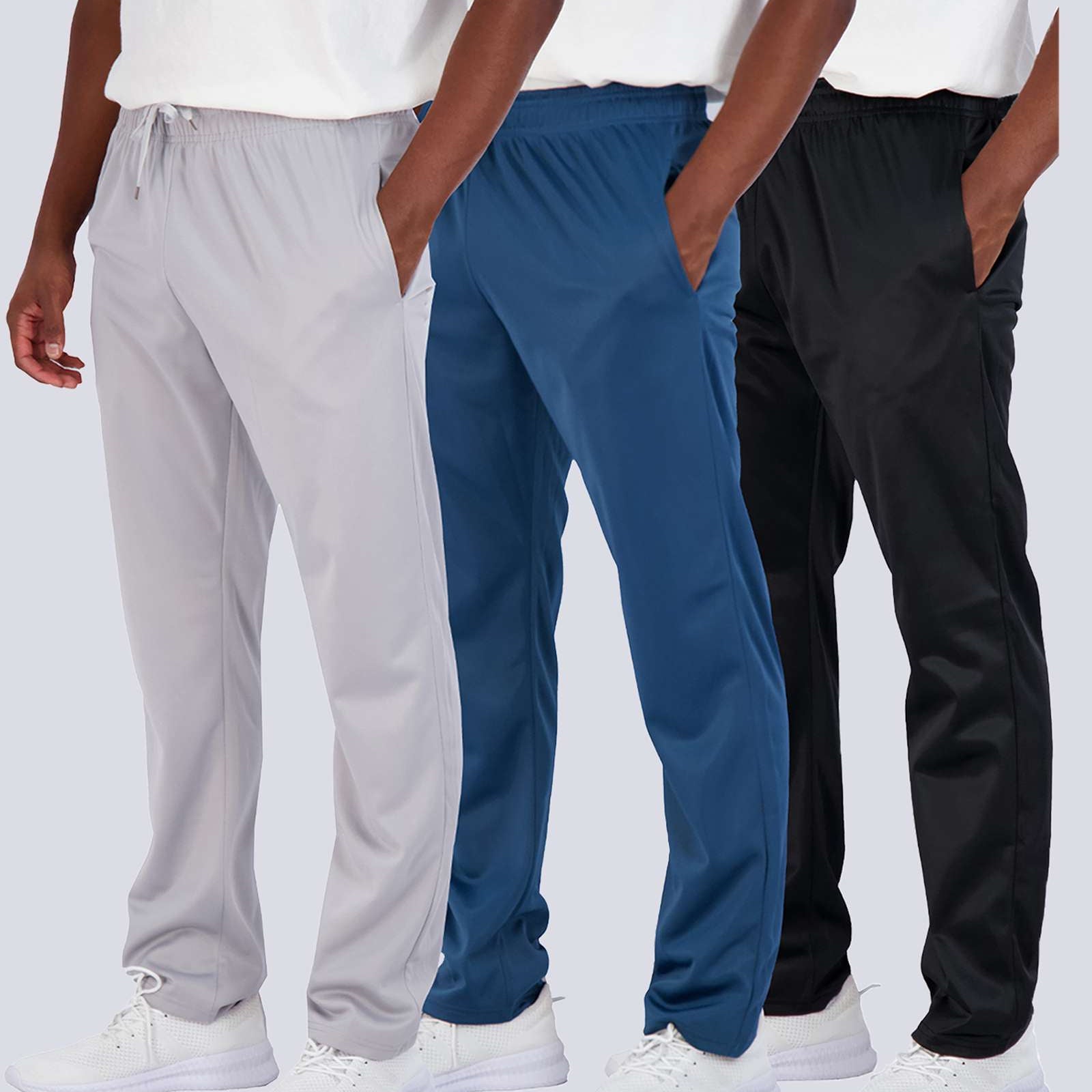 3 Pack: Mens Active Athletic Casual Tricot Open Bottom Sweatpants with Pockets (Available in Big & Tall)