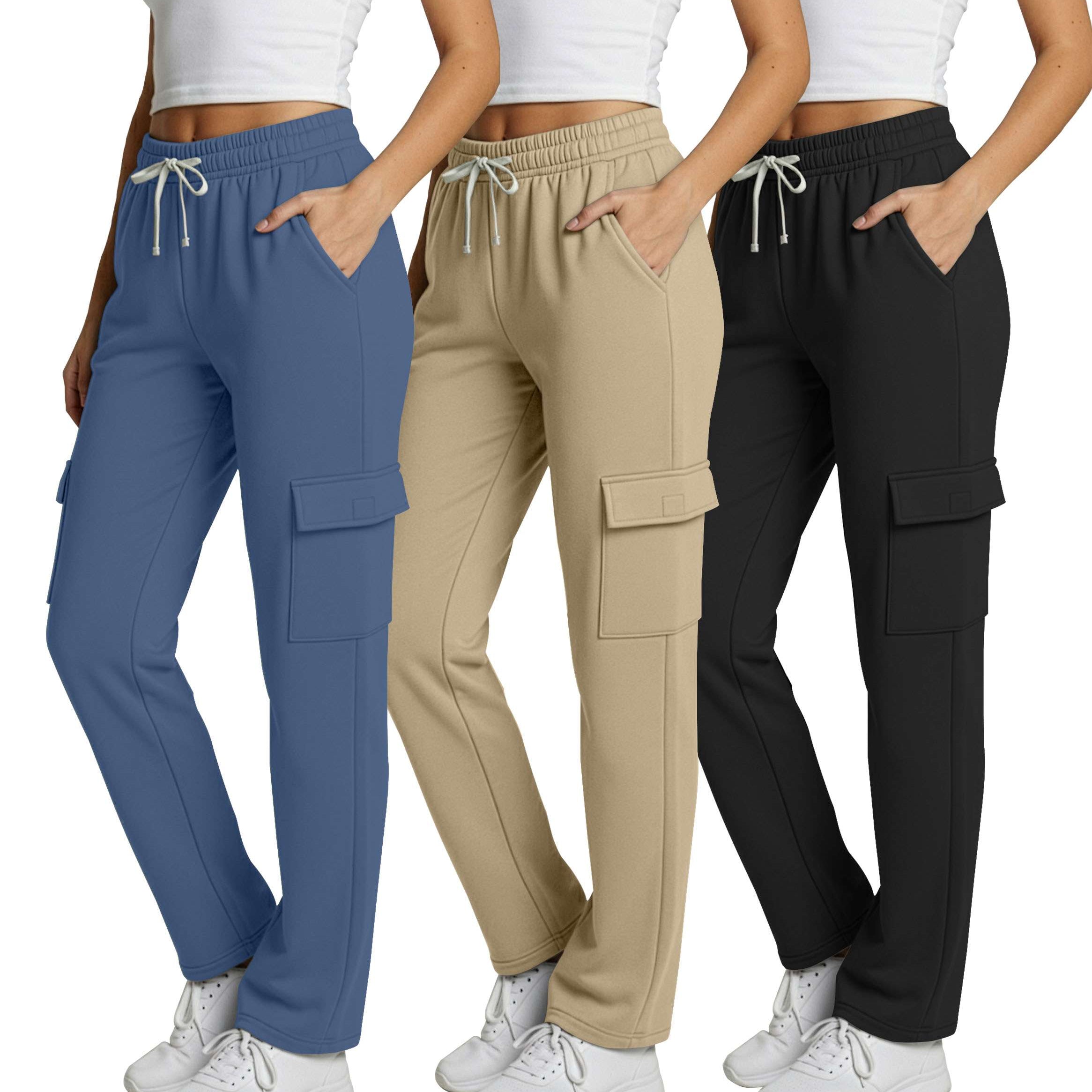 Real Essentials 3 Pack: Women's Fleece Cargo Sweatpants, Open Bottom Lounge & Athletic Casual Pants with Pockets