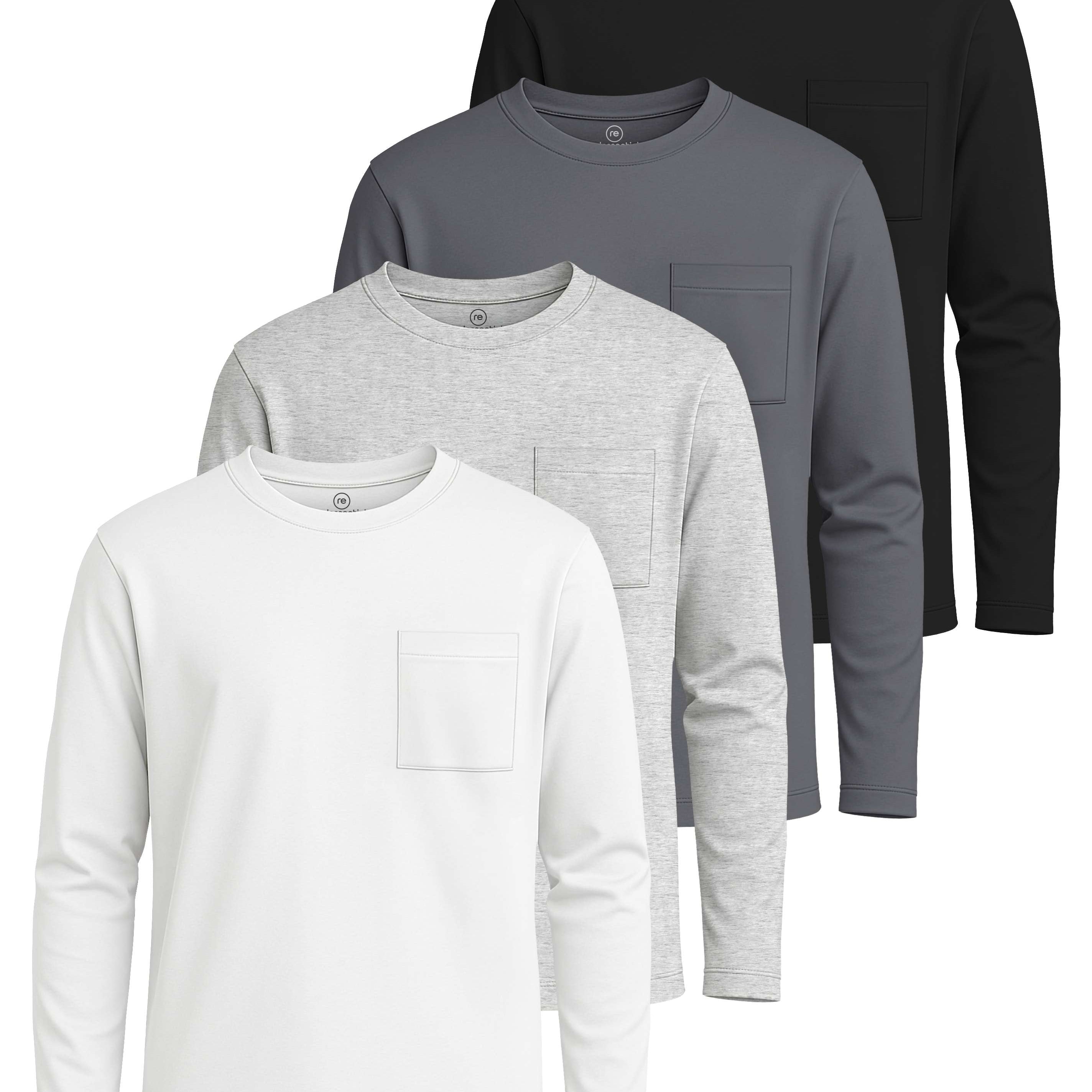 Real Essentials 4 Pack: Boys' Cotton Jersey Long Sleeve T-Shirt with Pocket - Kids Teens Youth Crew Neck Tee Top (Ages 4-16)