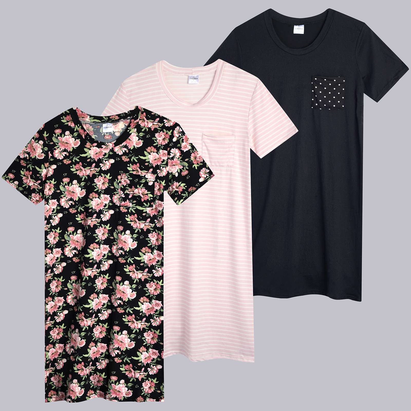 3 Pack: Womens Short-Sleeve Ultra-Soft Nightshirt Sleep Dress