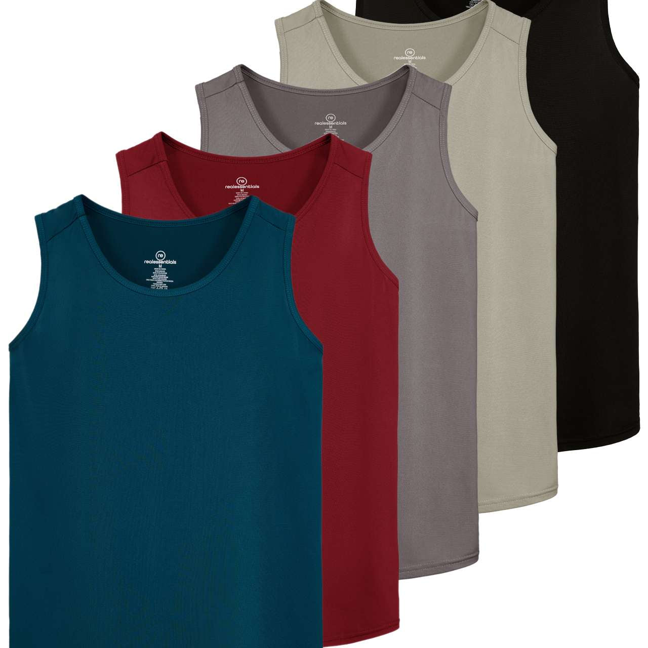 Real Essentials 5 Pack: Men's Dry-Fit Muscle Tank Top Sleeveless Shirts Workout Tees Athletic Gym (Big & Tall Available)