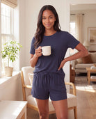 Real Essentials 3 Pack Women's Pajama Sets 3 Piece Crew Tee Tank Top Sleep Shorts Sleepwear - Solid Navy Blazer